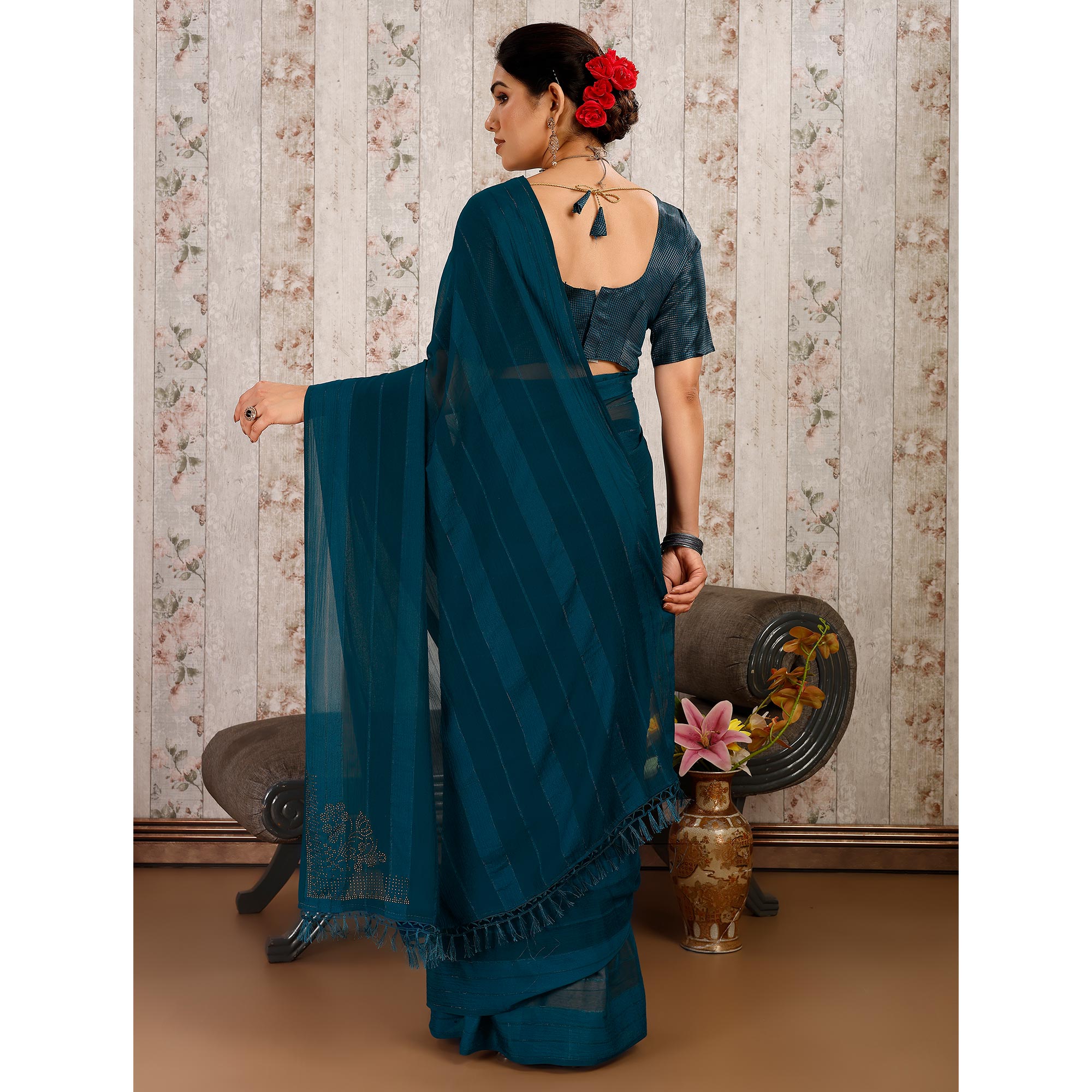 Morpich Swarovski Work Chiffon Saree With Tassels