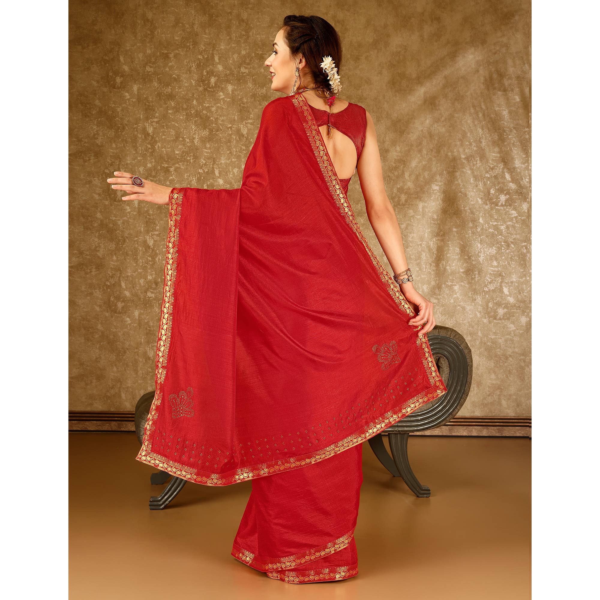 Red Swarovski Work Vichitra Silk Saree With Lace Border