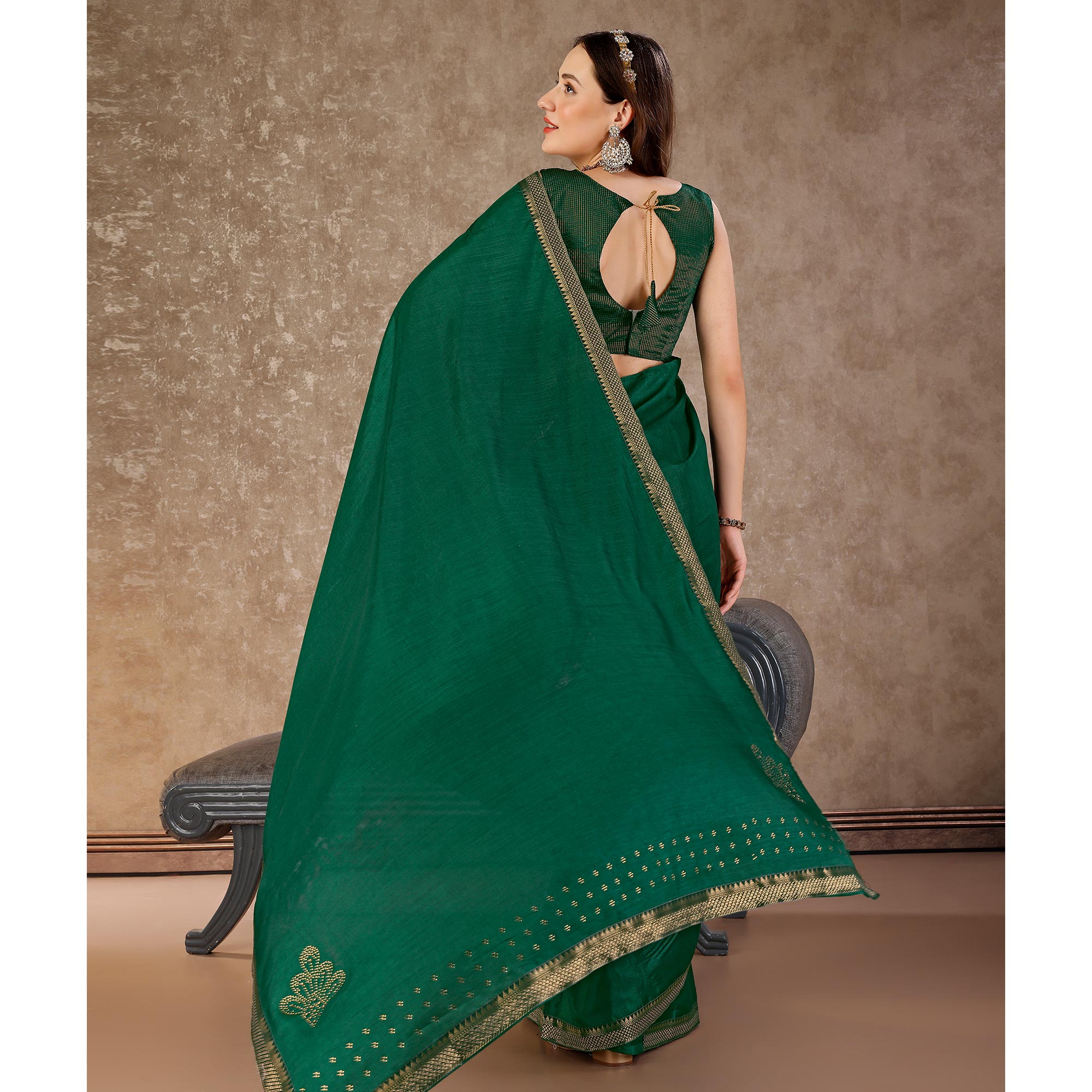 Green Swarovski Work Vichitra Silk Saree With Lace Border