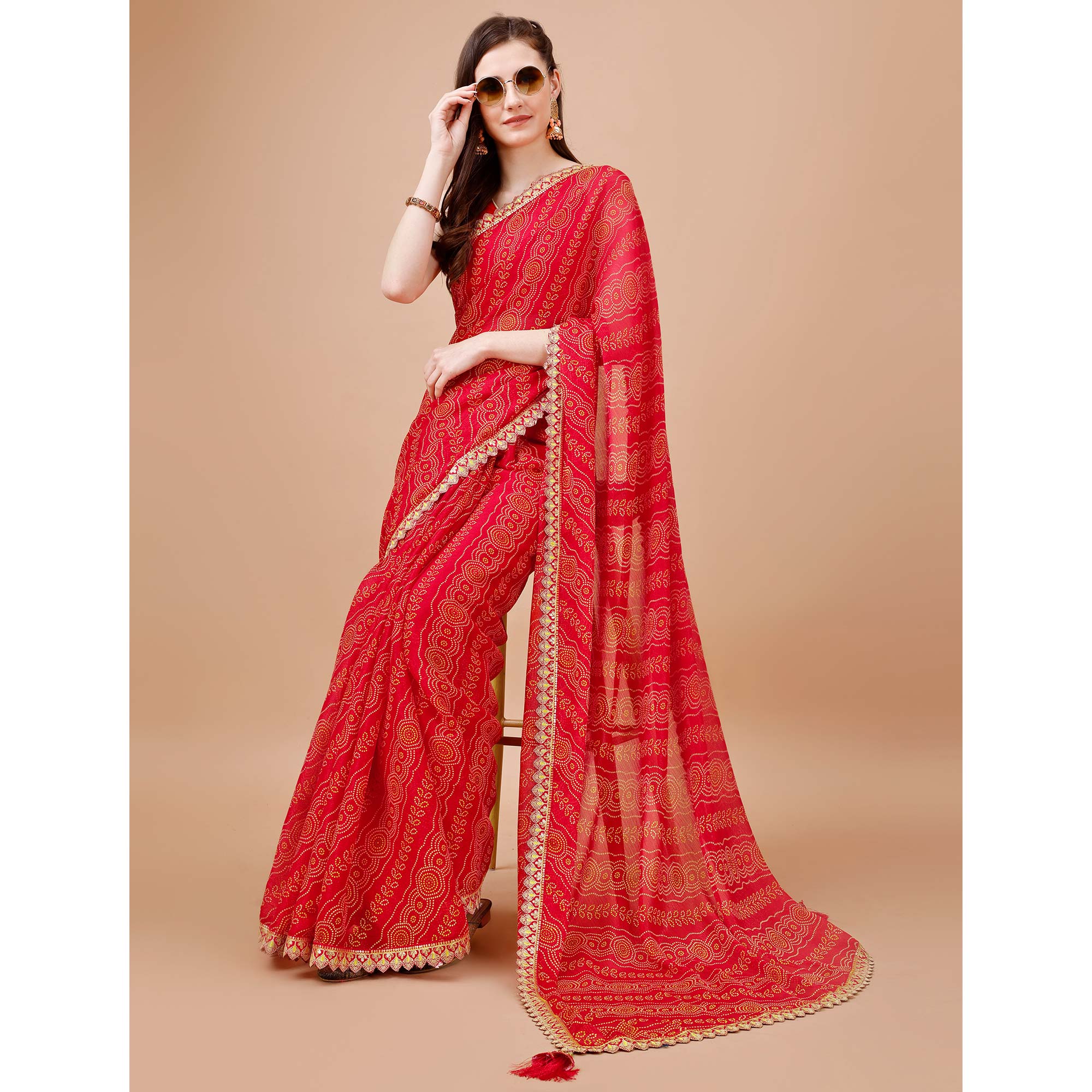Red Bandhani Printed Chiffon Saree