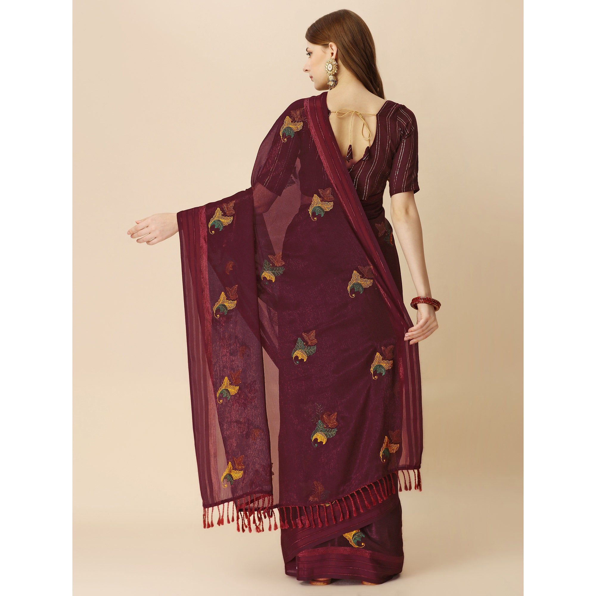 Maroon Floral Embroidered Chiffon Saree With With Tassels