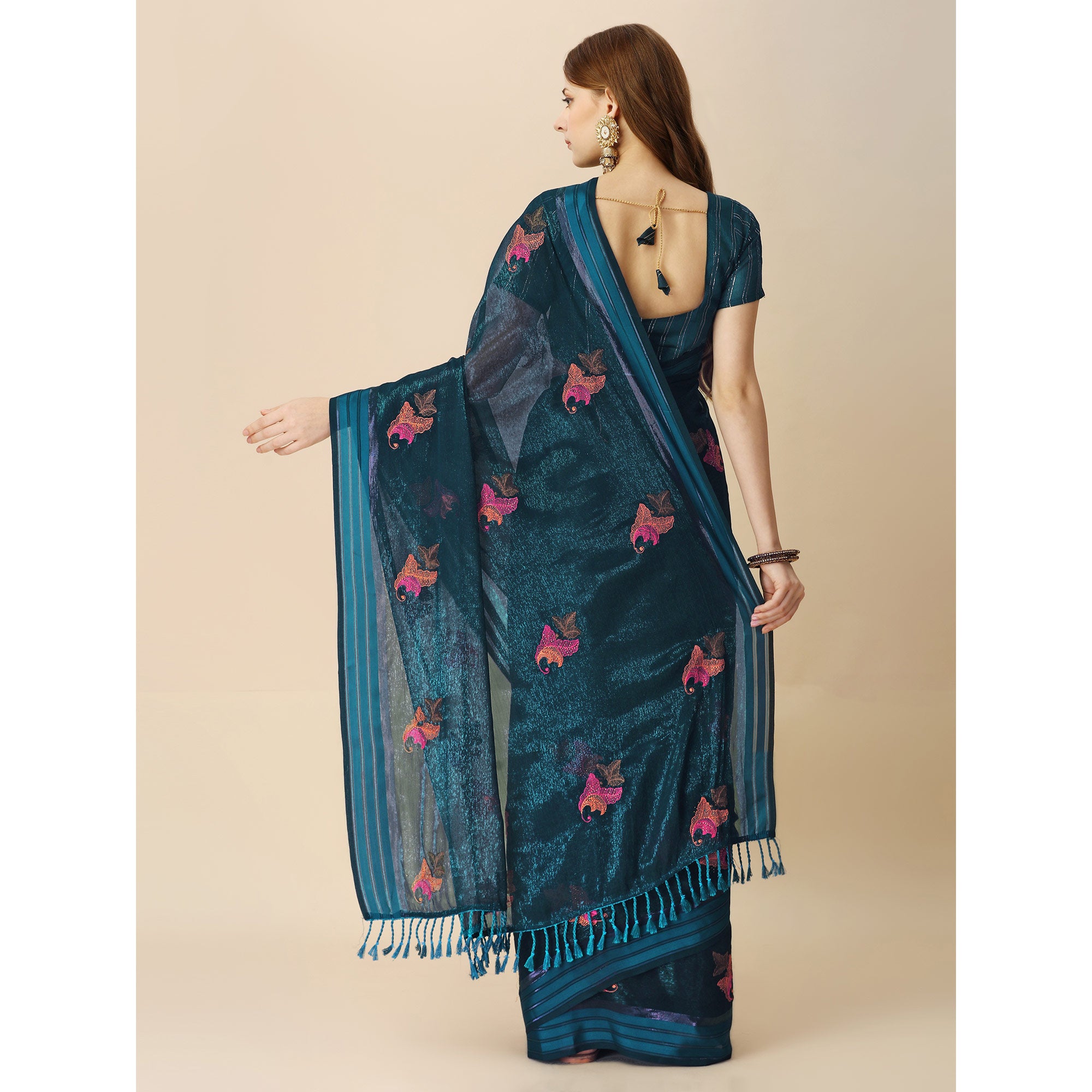 Dark Blue Floral Embroidered Chiffon Saree With With Tassels