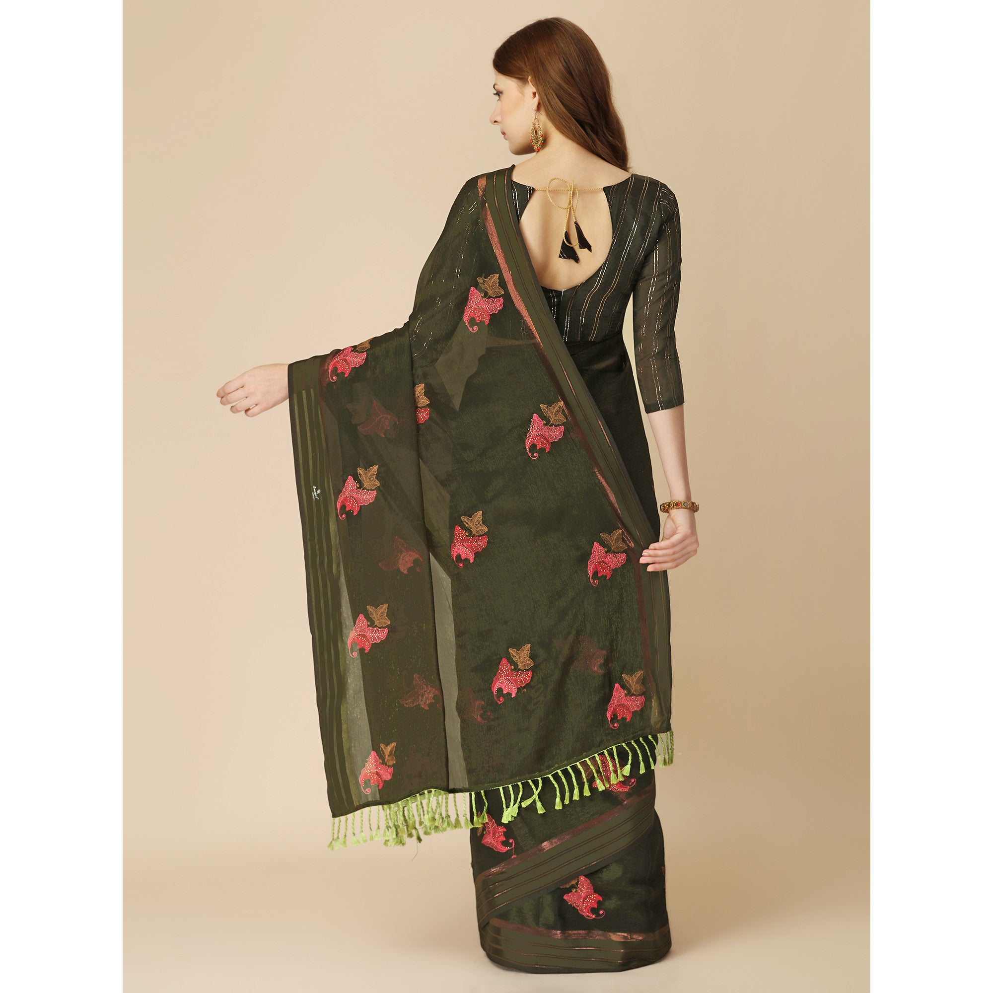 Dark Green Floral Embroidered Chiffon Saree With With Tassels