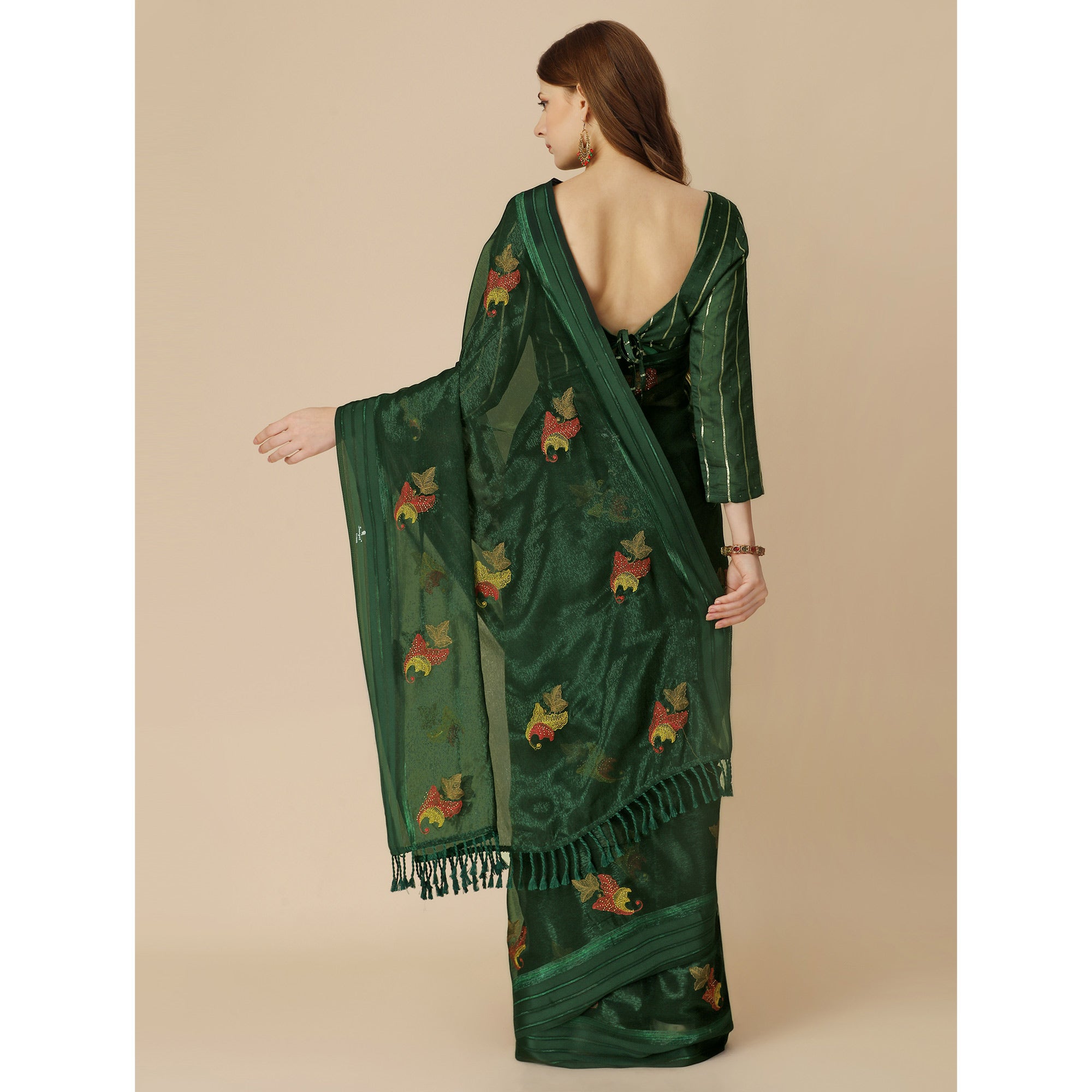 Green Floral Embroidered Chiffon Saree With With Tassels