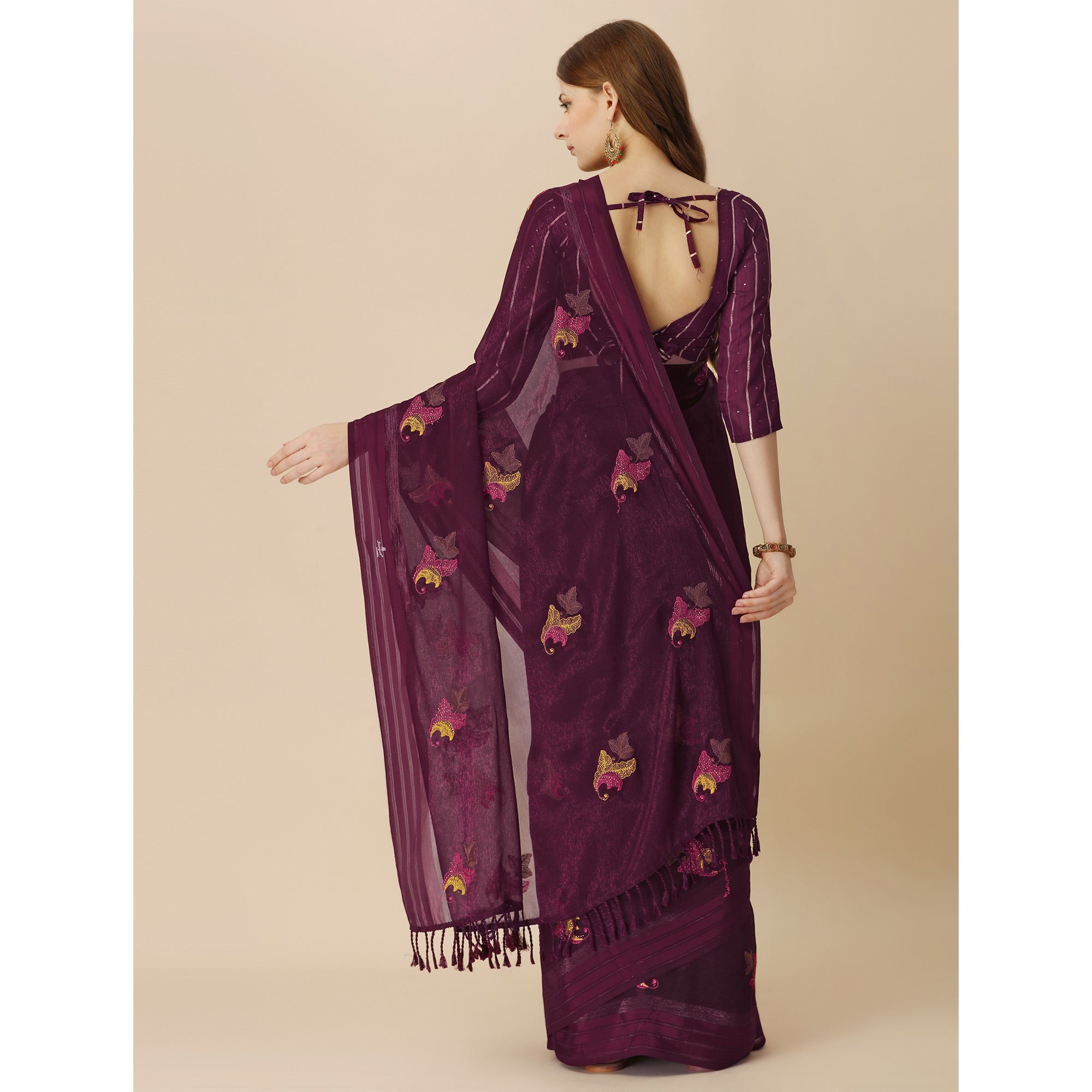 Burgundy Floral Embroidered Chiffon Saree With With Tassels