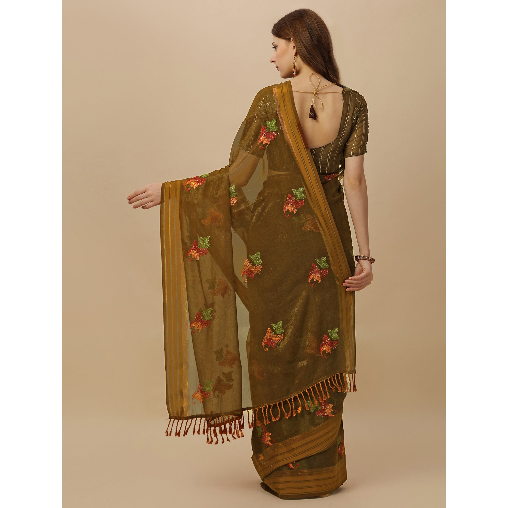 Mehendi Green Floral Embroidered Chiffon Saree With With Tassels