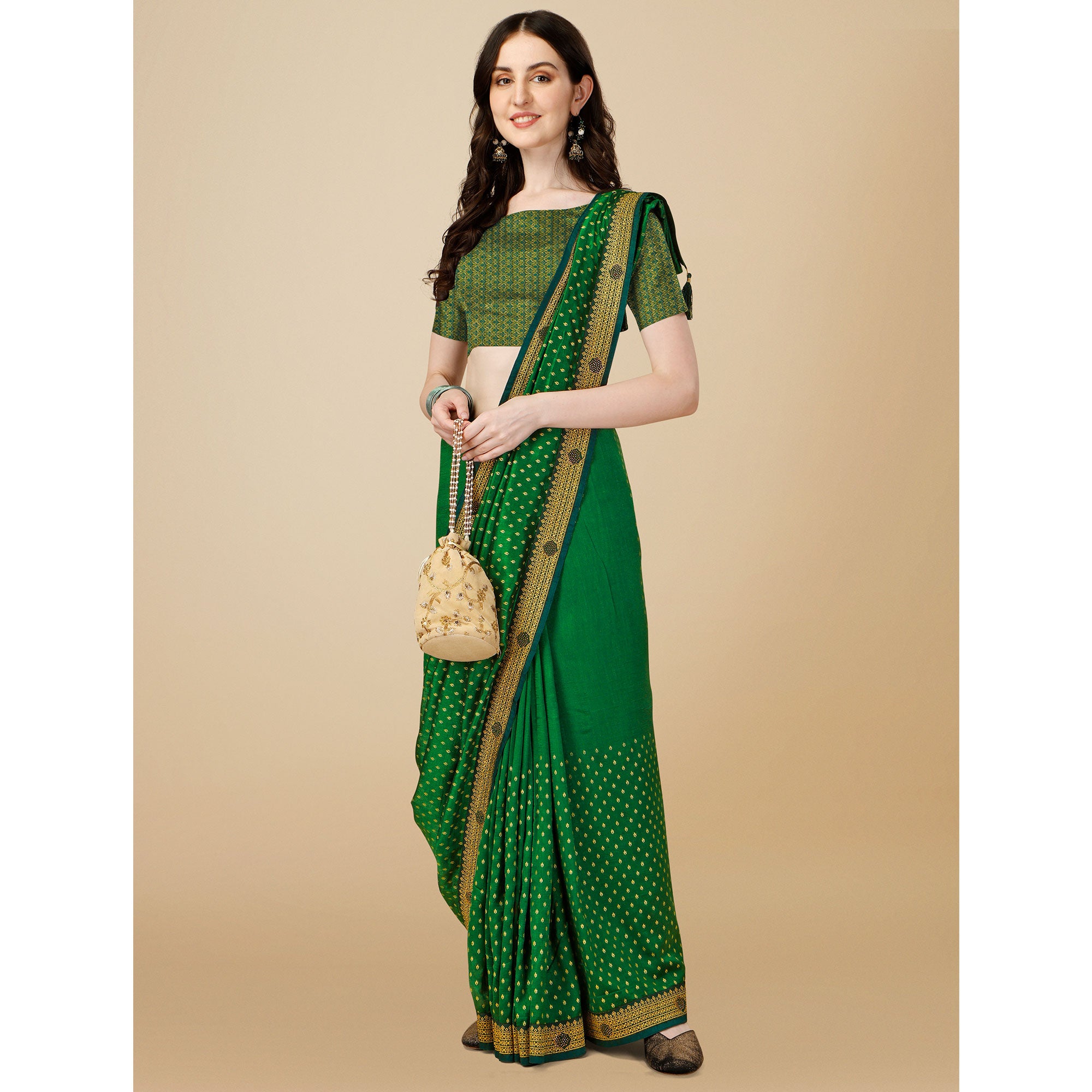 Green Foil Printed With Swarovski Vichitra Silk Saree