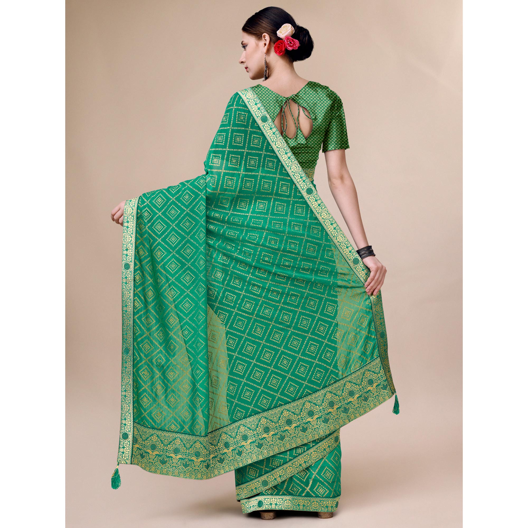 Green Bandhani Foil Printed Chiffon Saree With Tassels