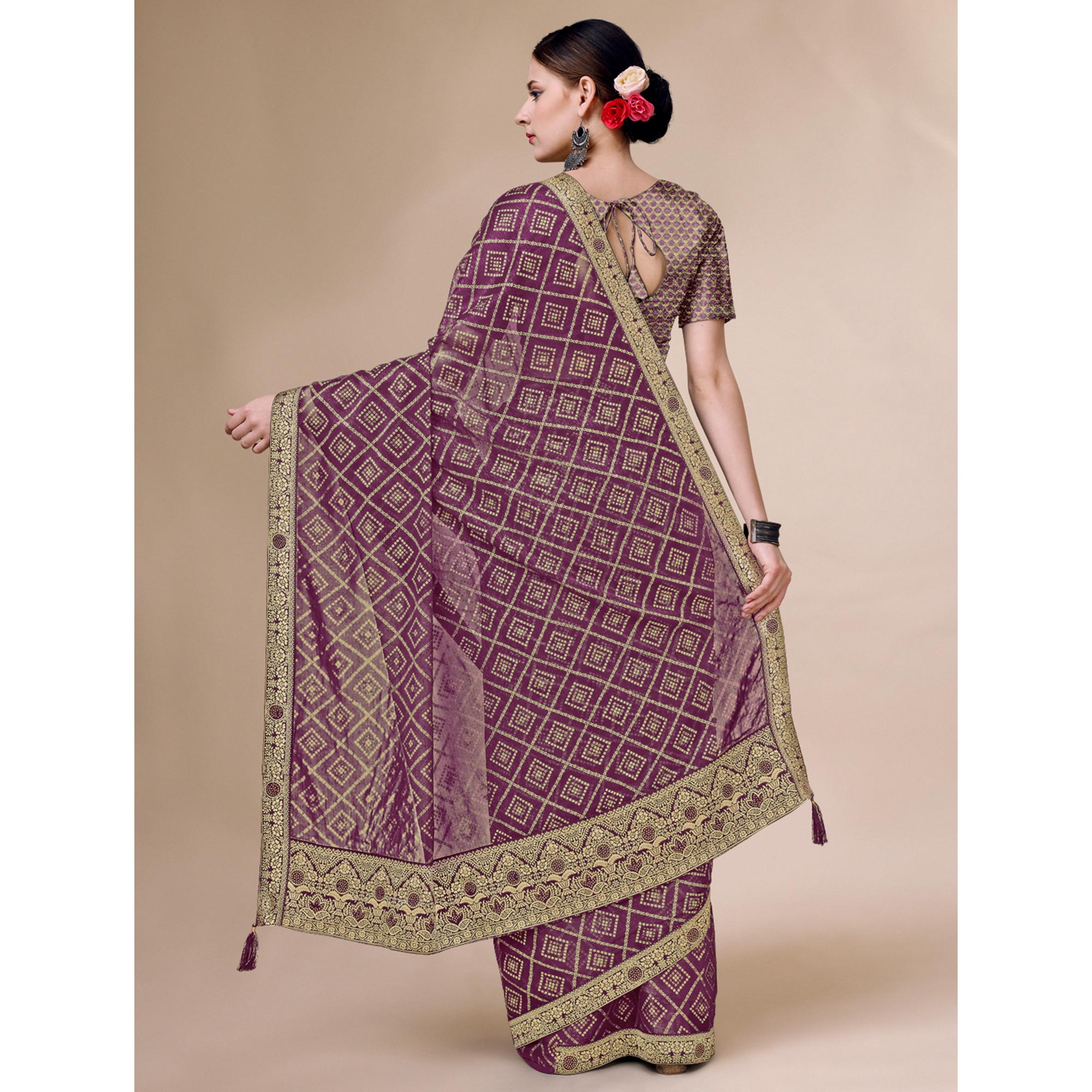 Purple Bandhani Foil Printed Chiffon Saree With Tassels