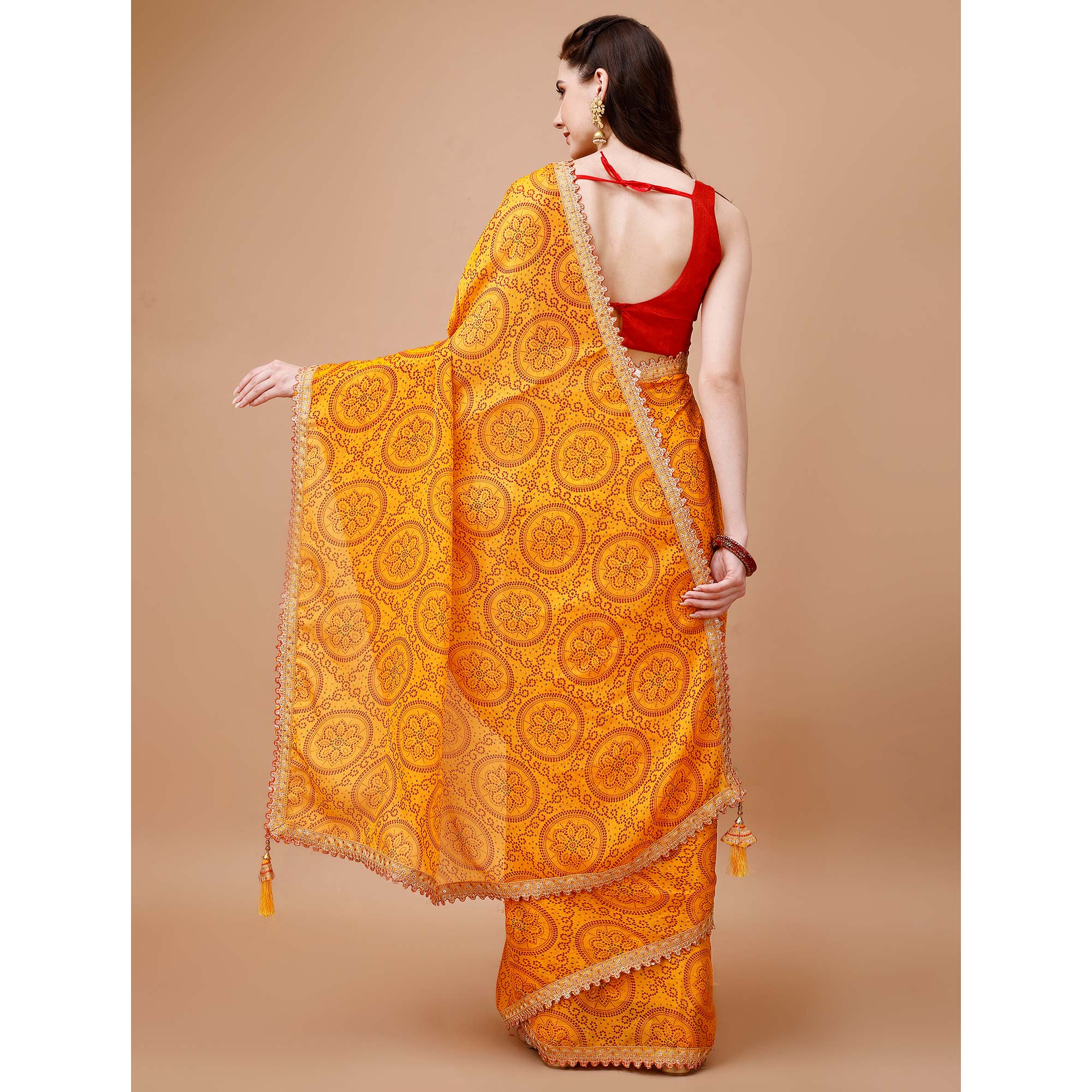 Yellow Bandhani Printed Chiffon Saree