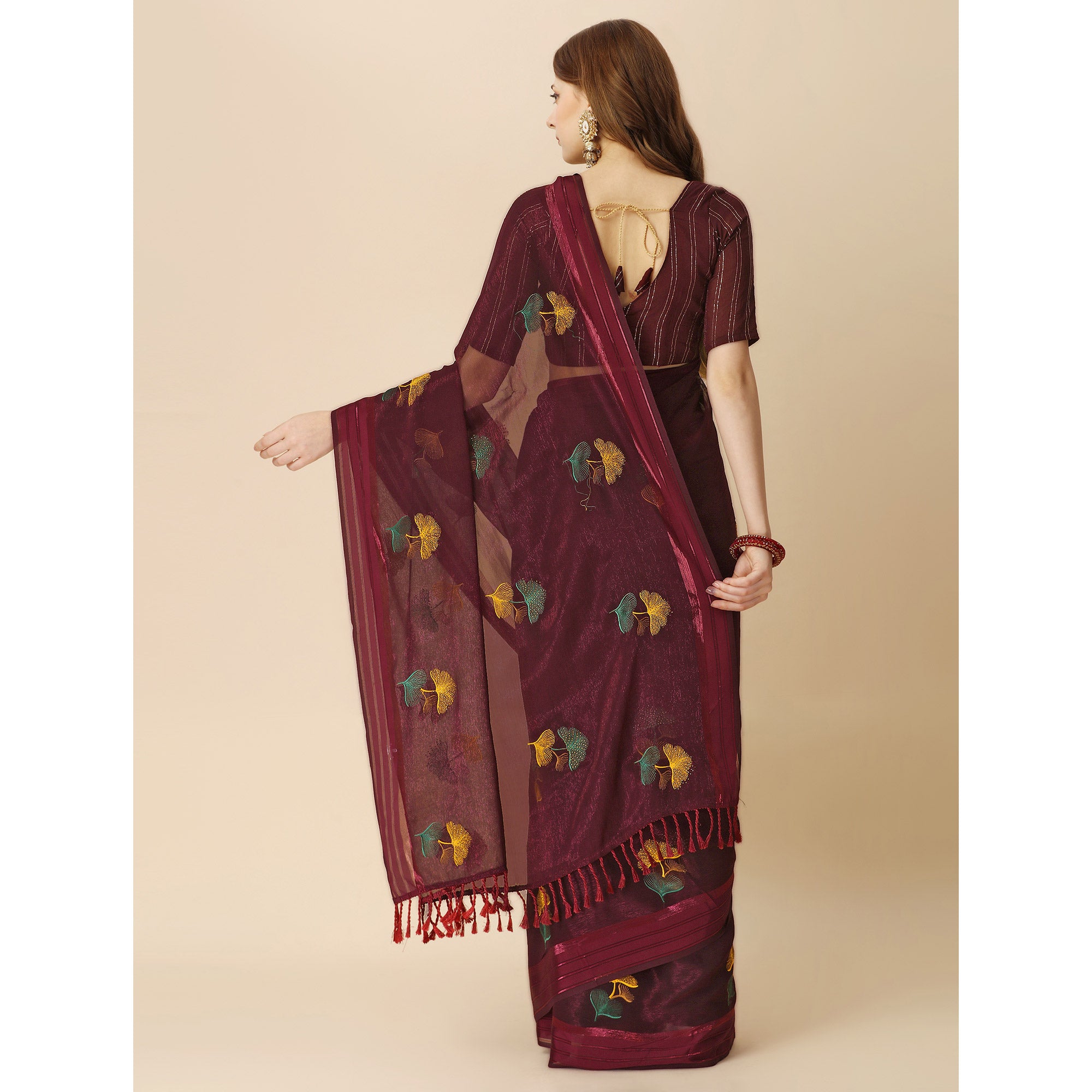 Maroon Floral Embroidered Chiffon Saree With With Tassels