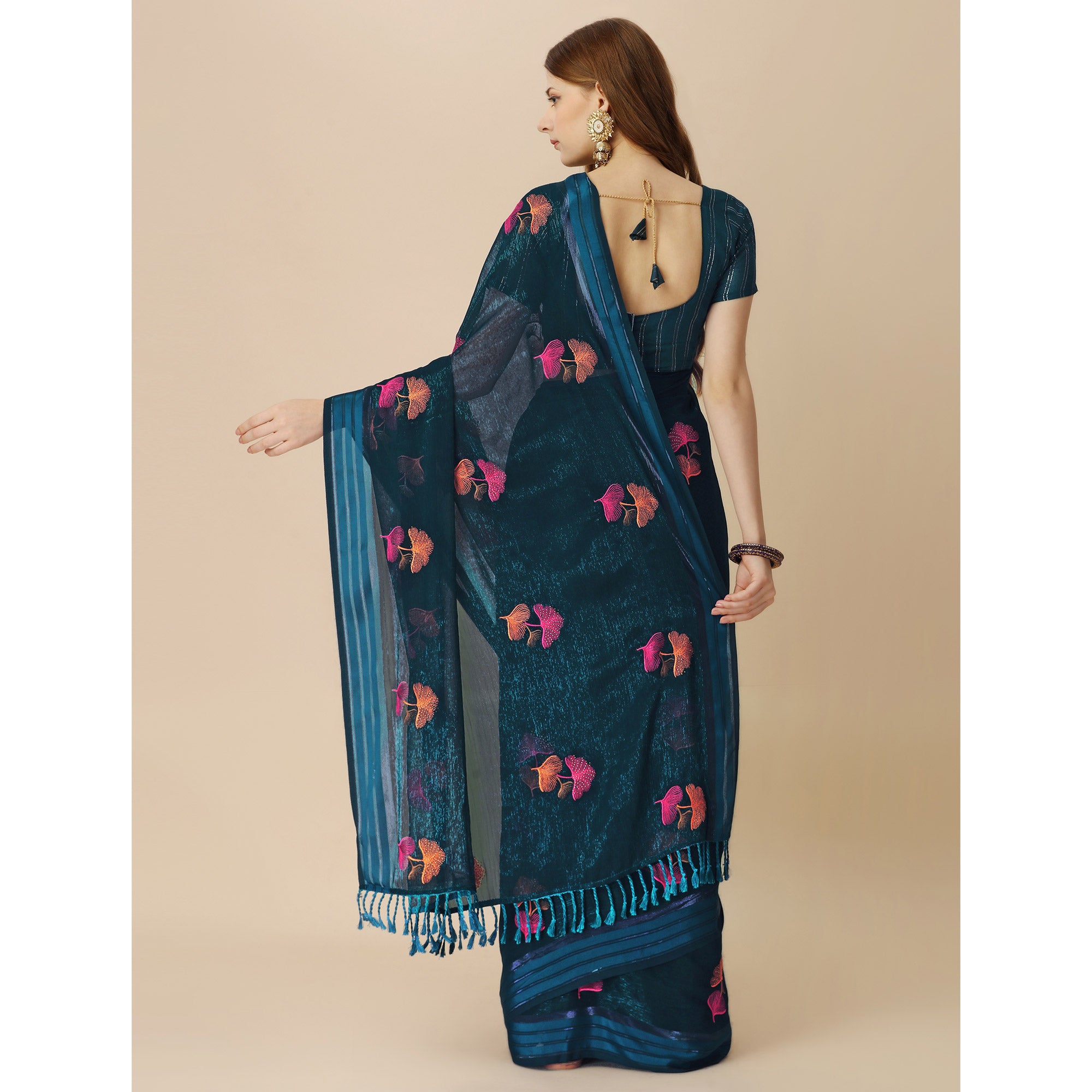 Dark Blue Floral Embroidered Chiffon Saree With With Tassels