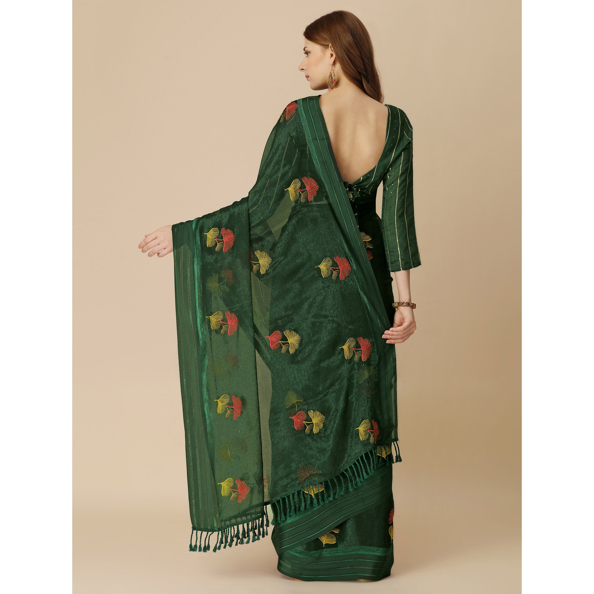 Green Floral Embroidered Chiffon Saree With With Tassels