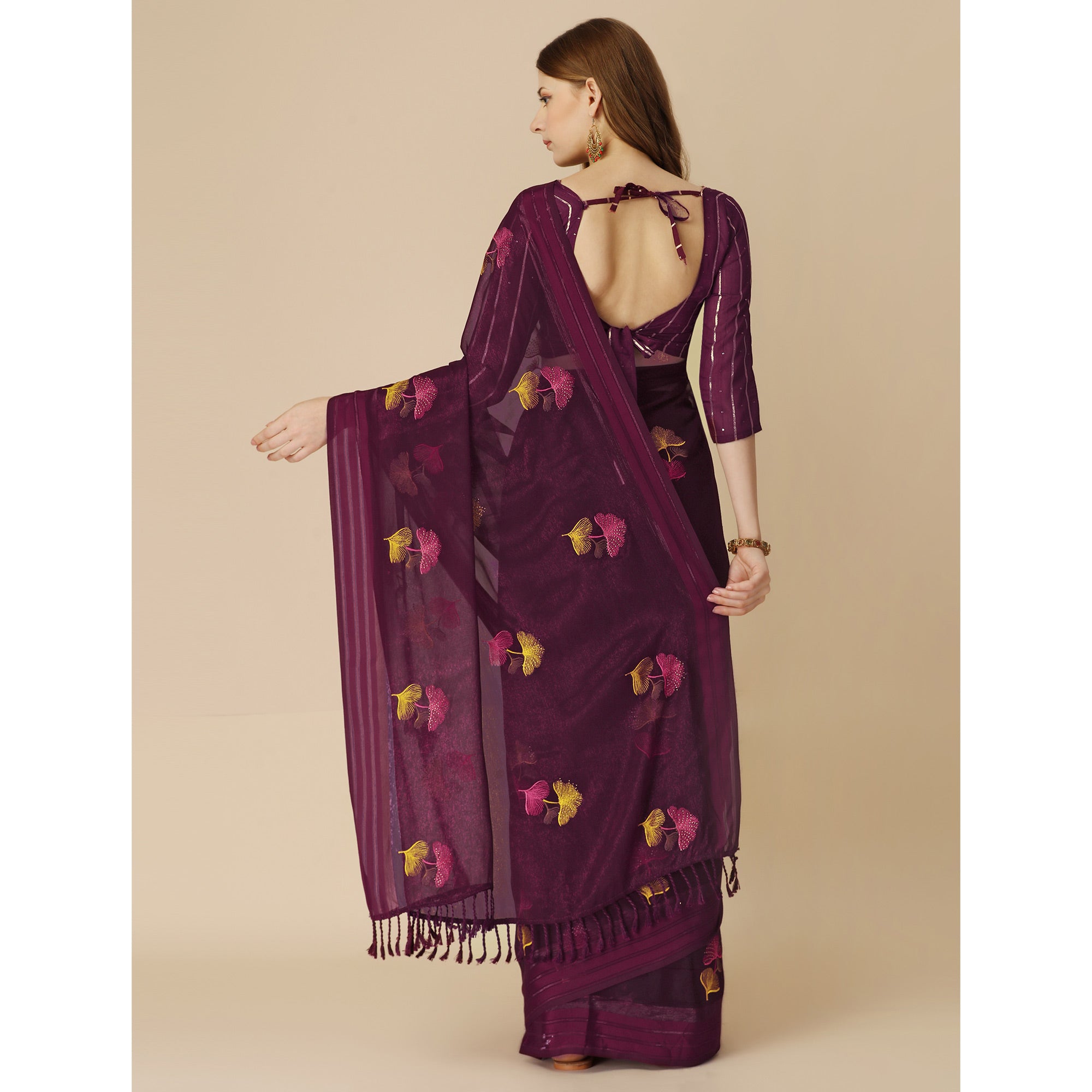 Wine Floral Embroidered Chiffon Saree With With Tassels