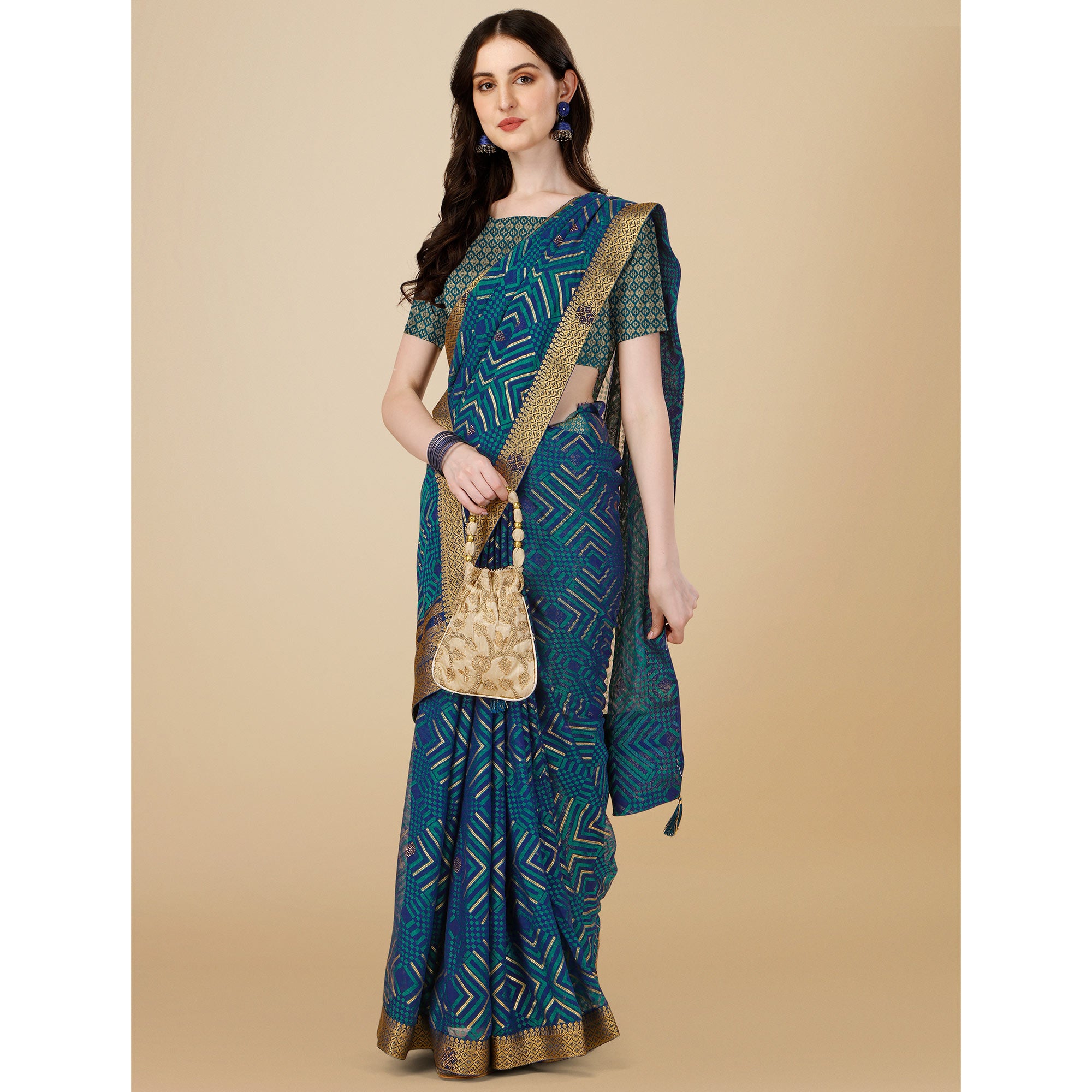 Blue Geometric Printed Brasso Saree