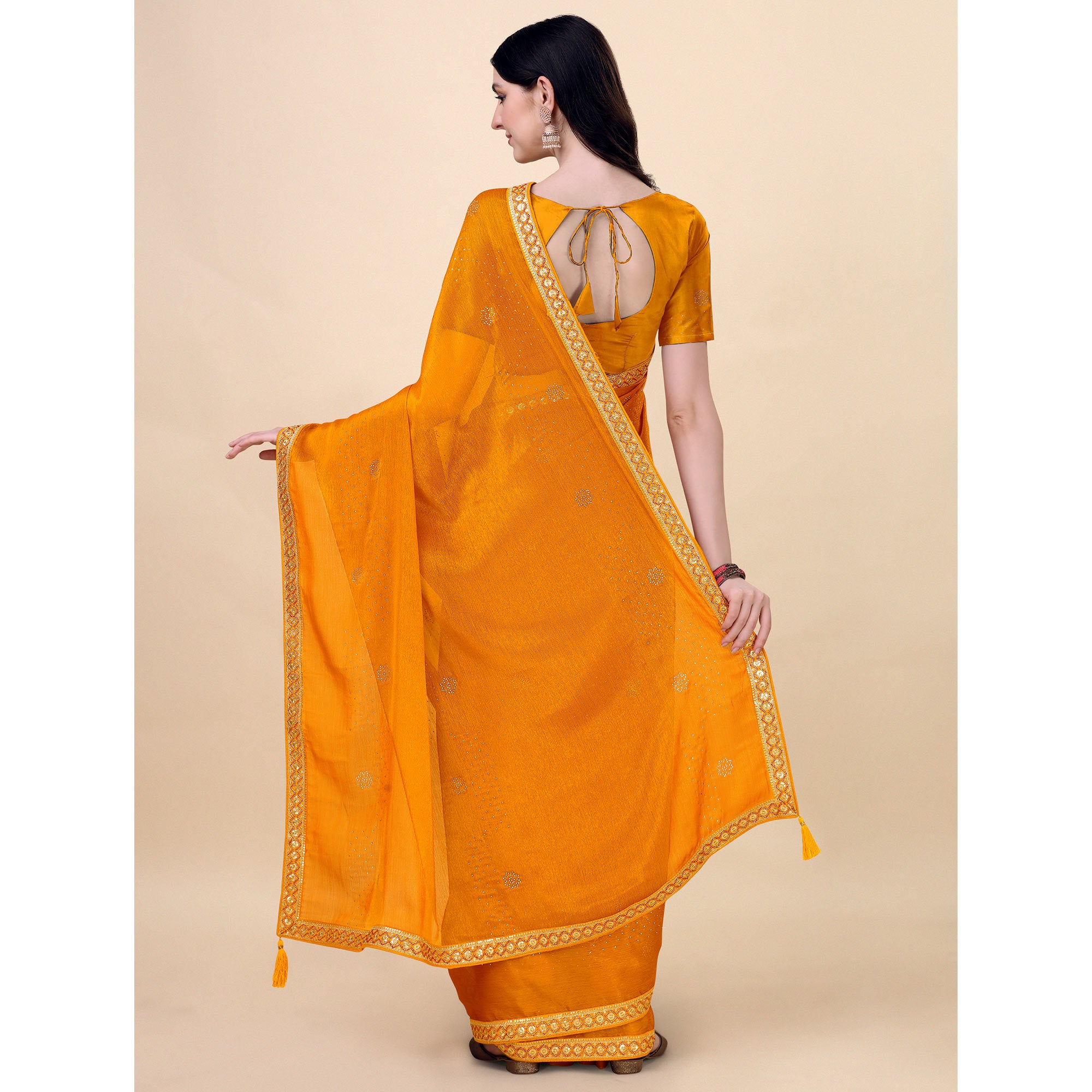 Yellow Swarovski With Sequins Embroidered Chiffon Saree