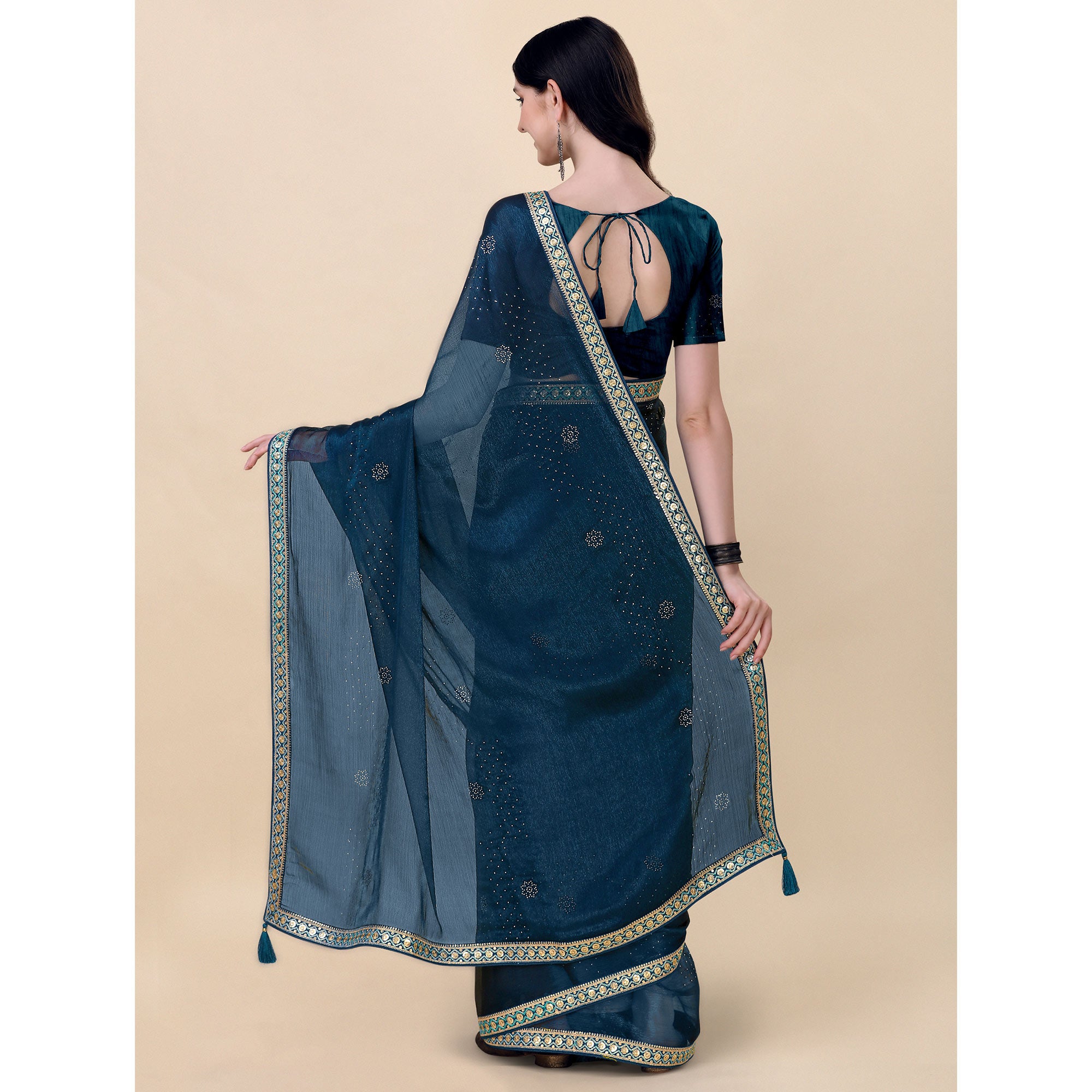 Teal Blue Swarovski With Sequins Embroidered Chiffon Saree