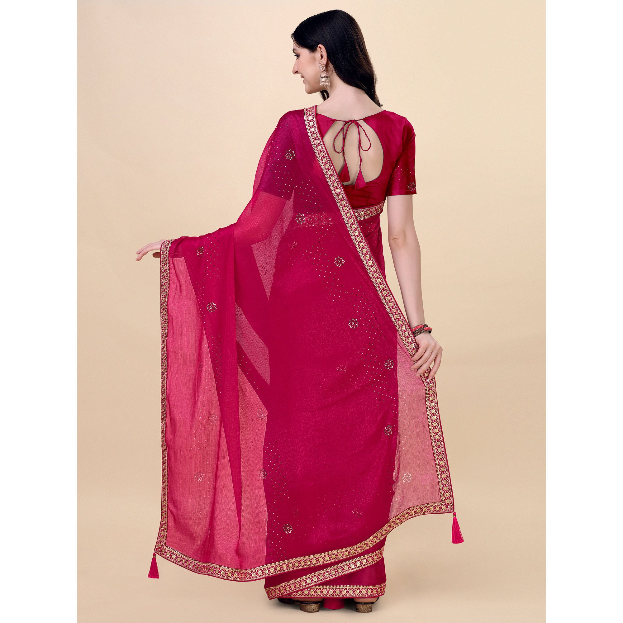 Pink Swarovski With Sequins Embroidered Chiffon Saree