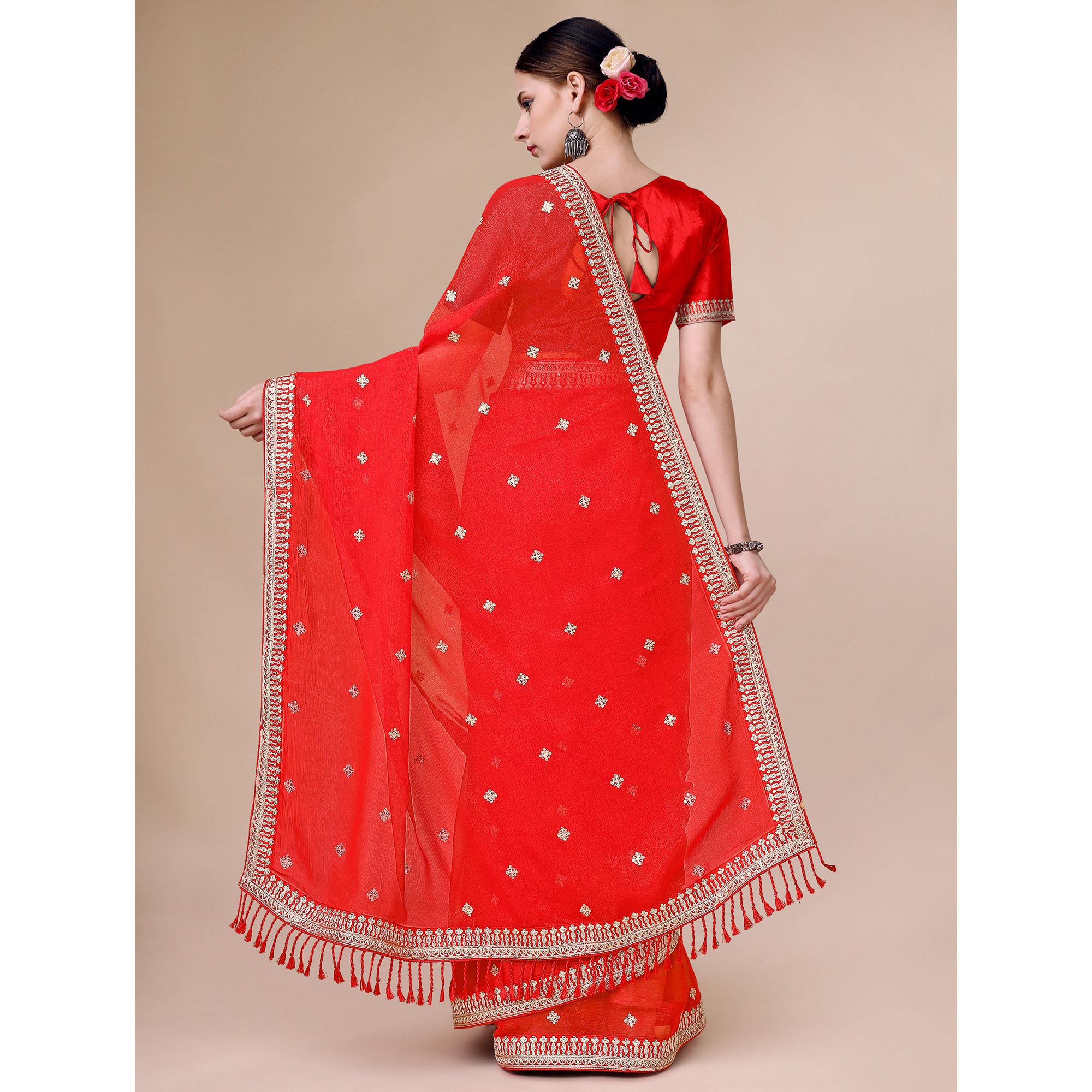 Red Sequins Embroidered Chiffon Saree