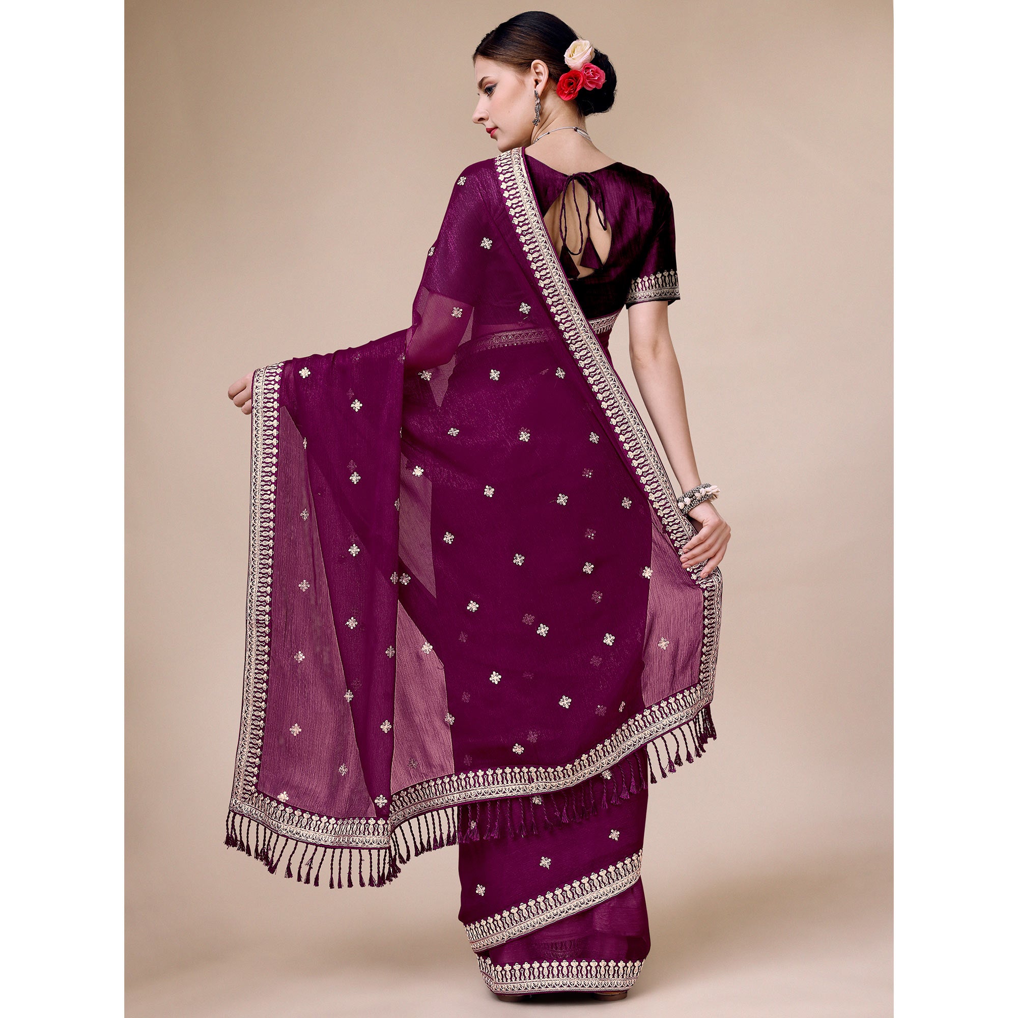 Wine Sequins Embroidered Chiffon Saree