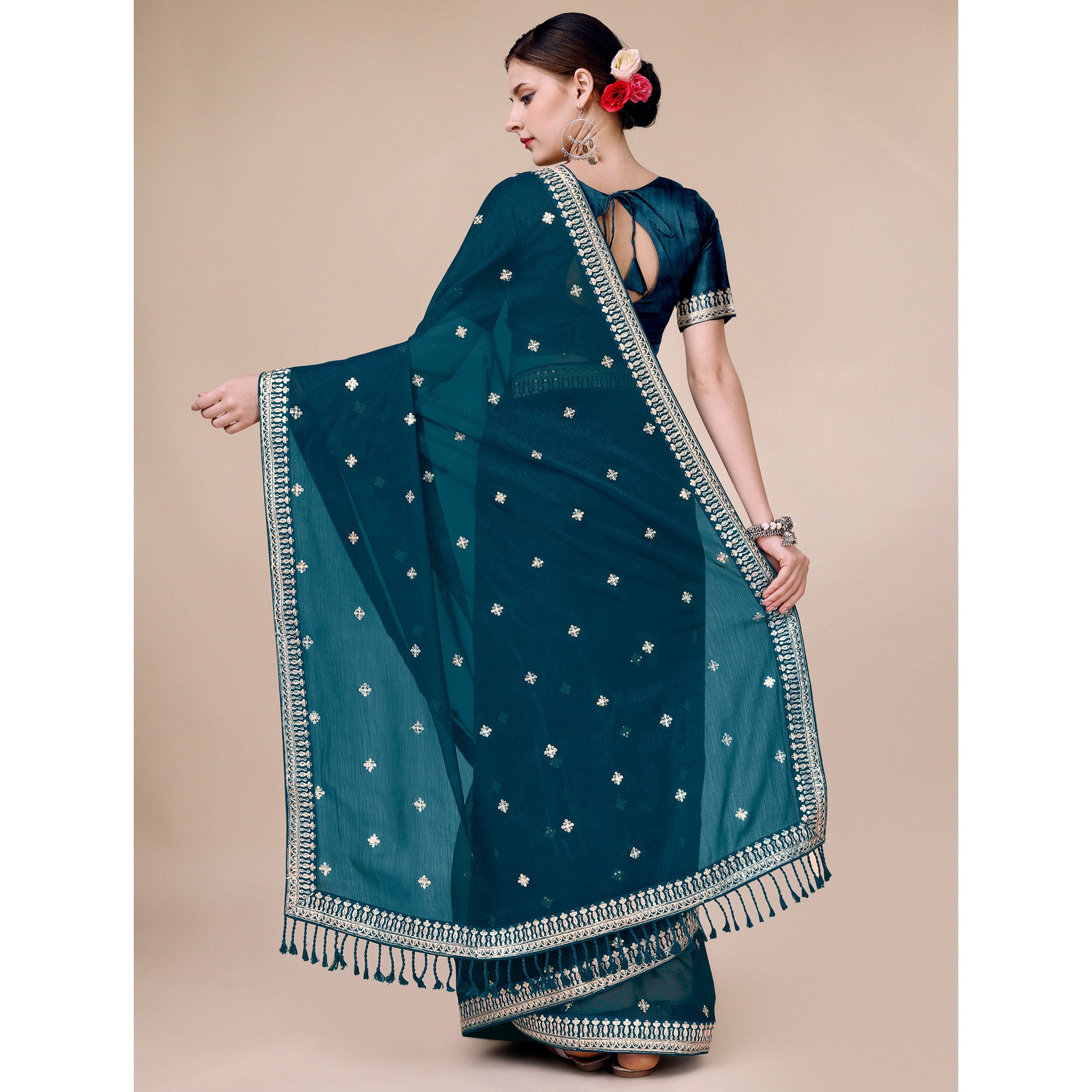 Teal Blue Sequins Embroidered Chiffon Saree