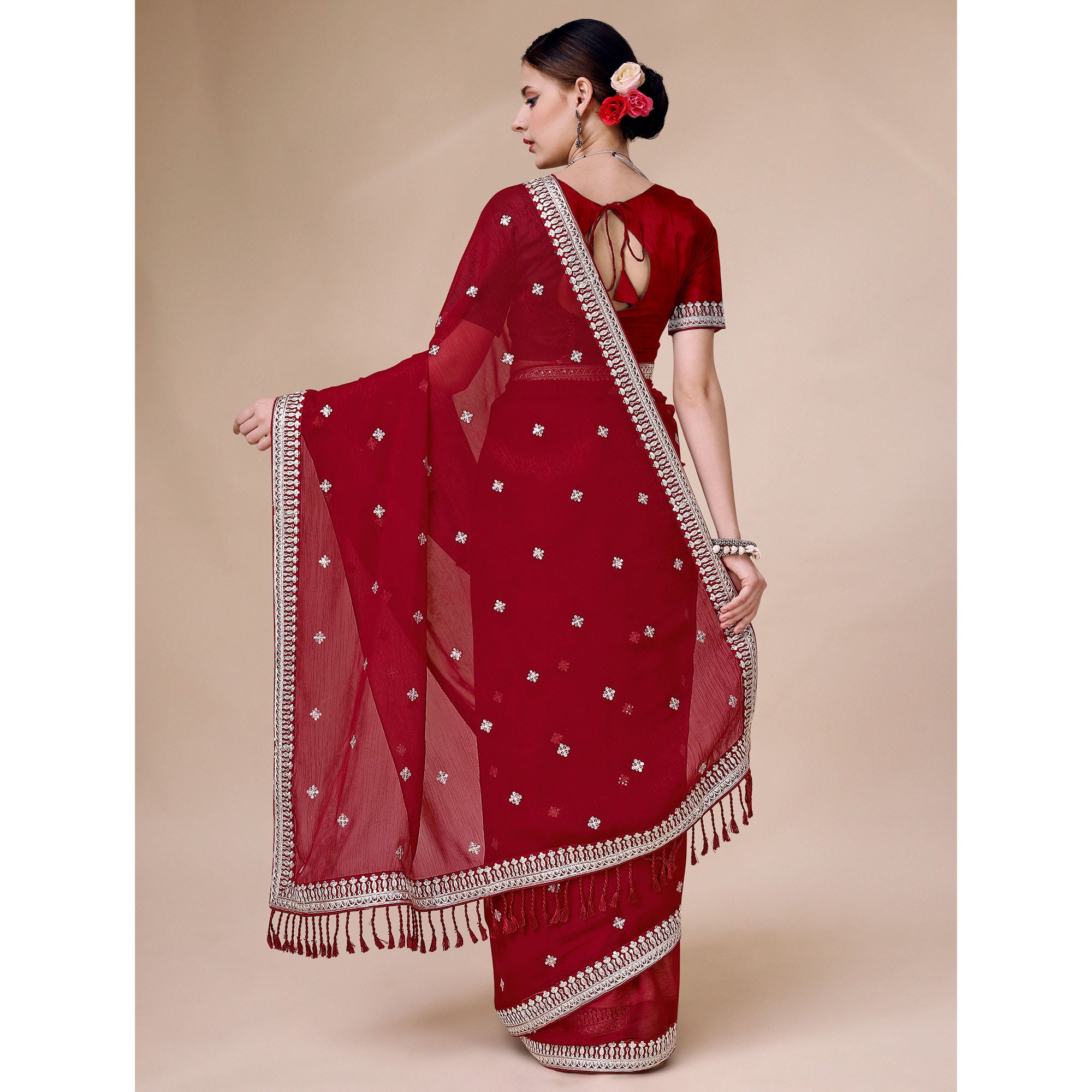 Maroon Sequins Embroidered Chiffon Saree