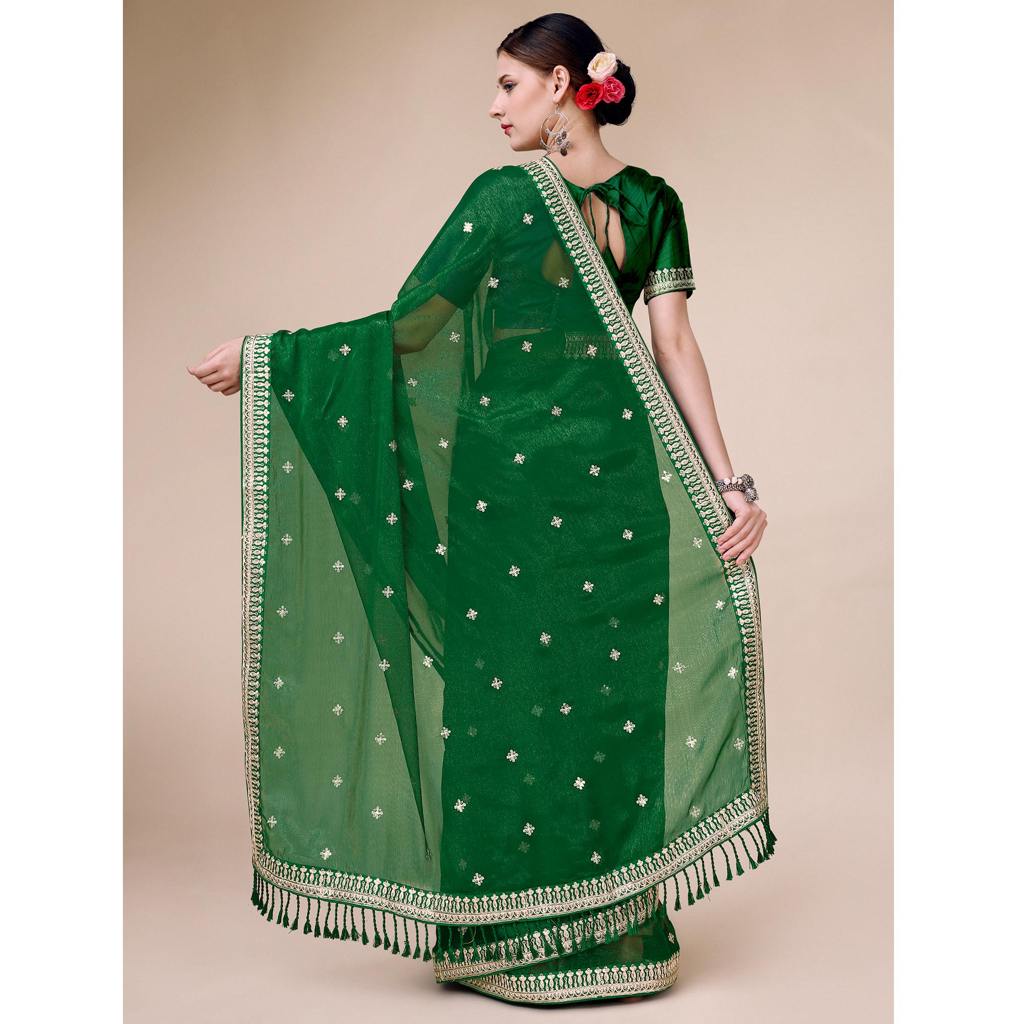 Green Sequins Embroidered Chiffon Saree