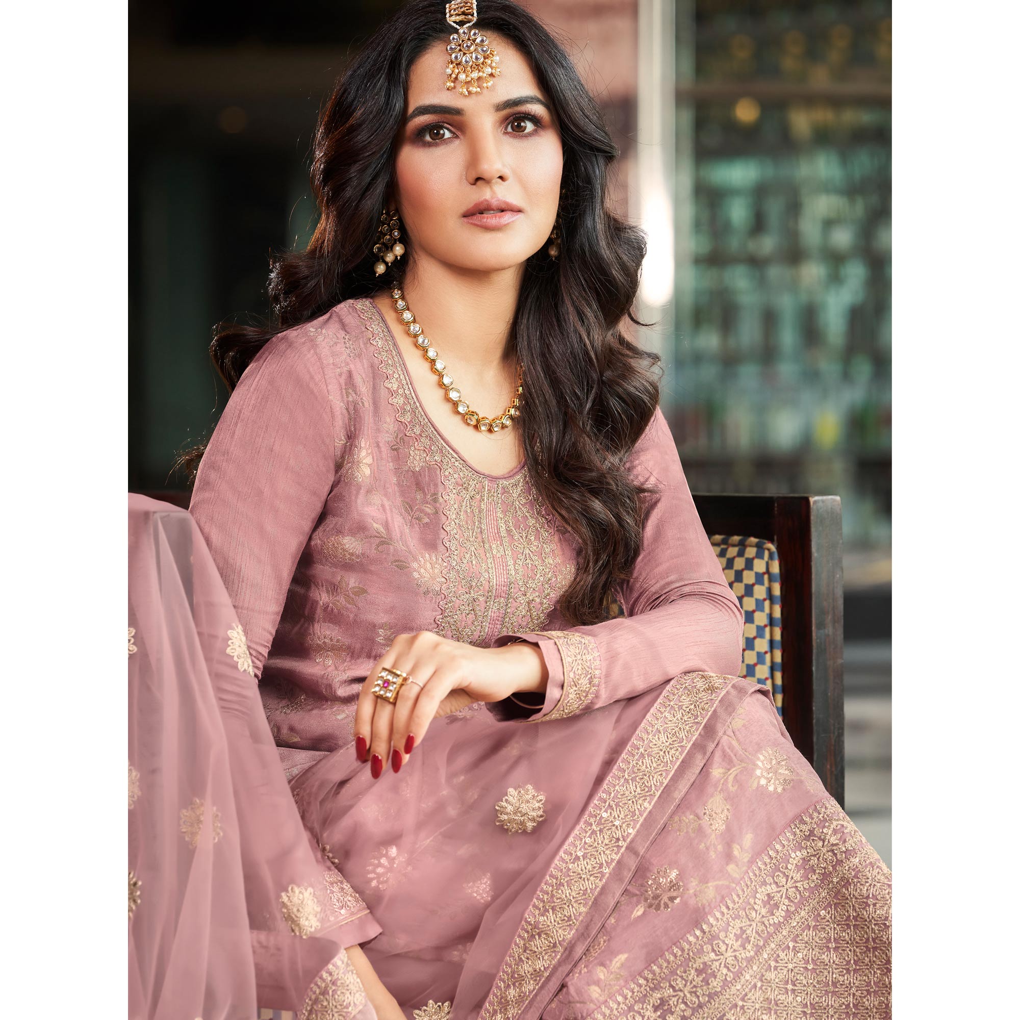 Mauve Embroidered Viscose Semi Stitched Salwar Suit