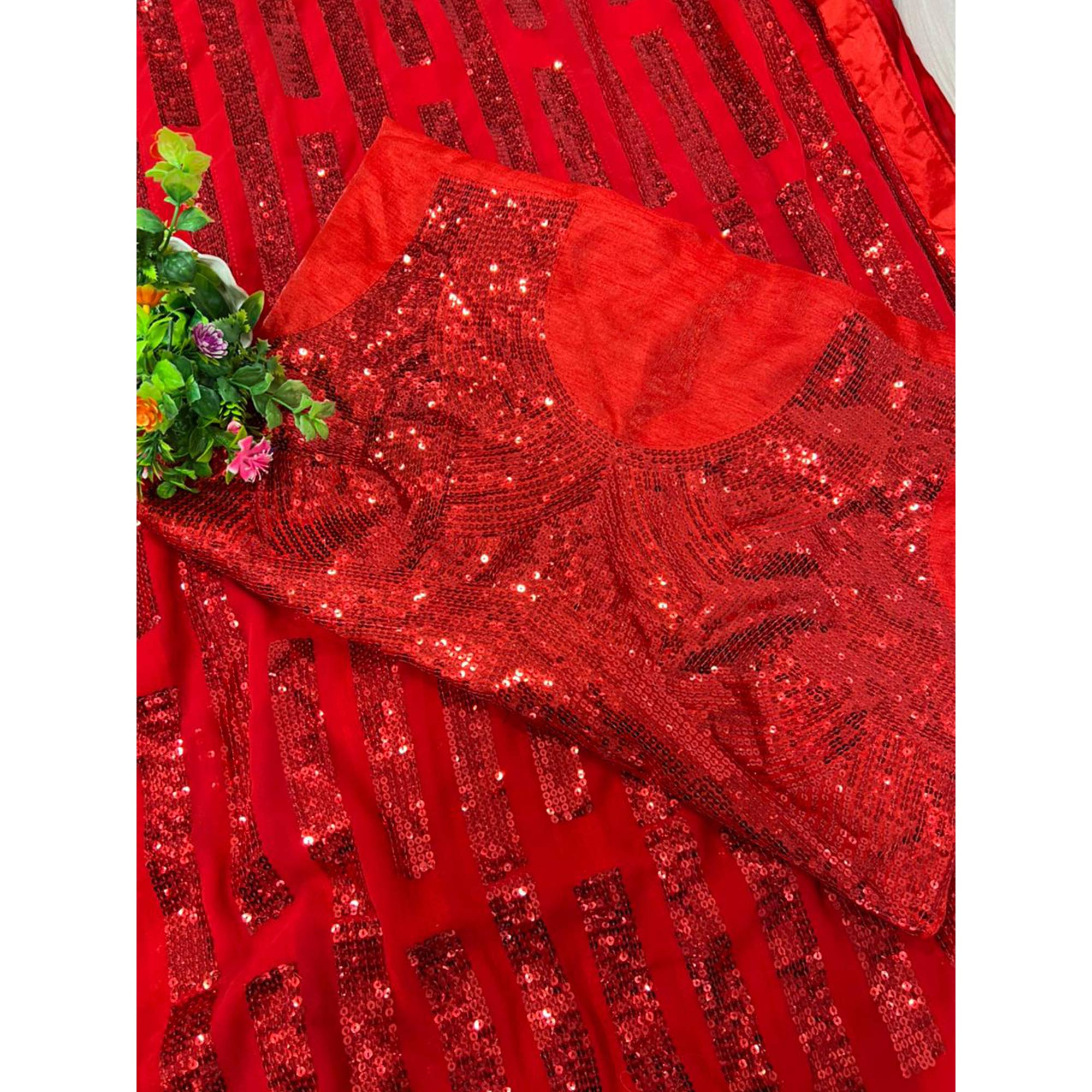 Red Sequins Embroidered Georgette Saree