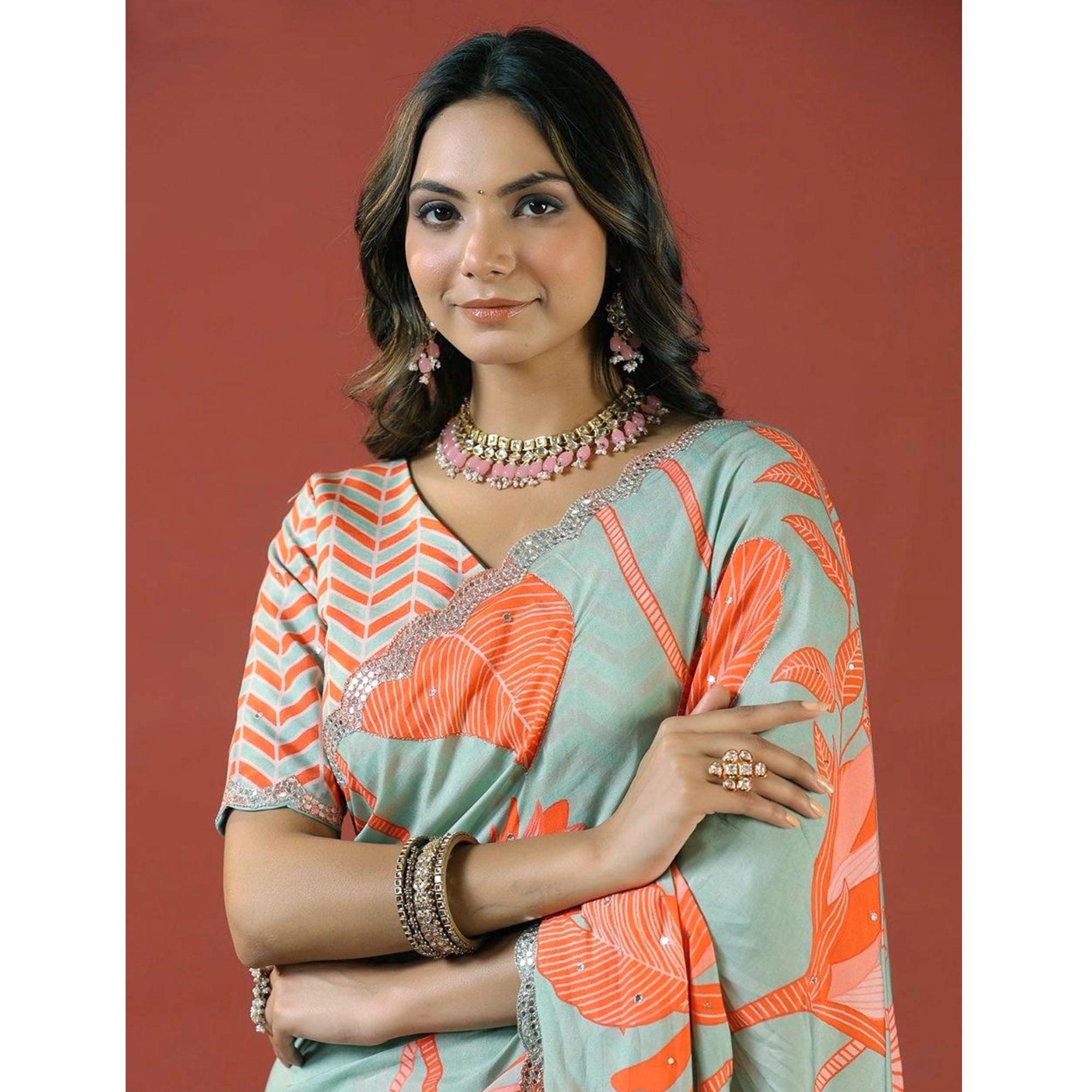 Turquoise & Orange Sequin Embroidered Vichitra Silk Saree