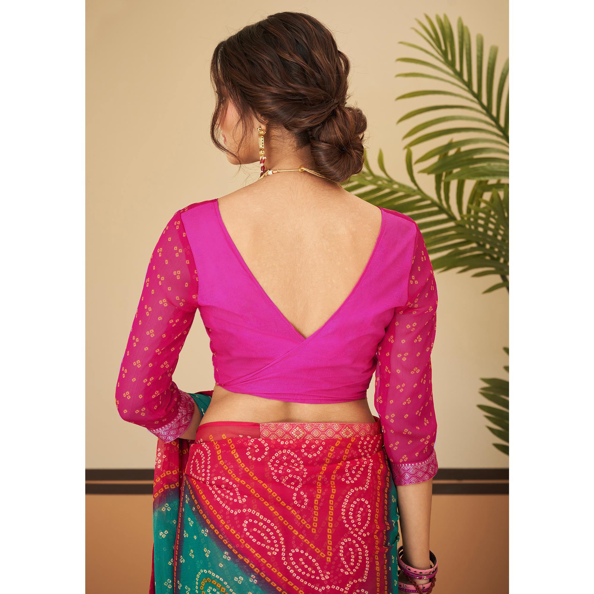 Magenta & Green Bandhani Printed Chiffon Saree With Lace Border