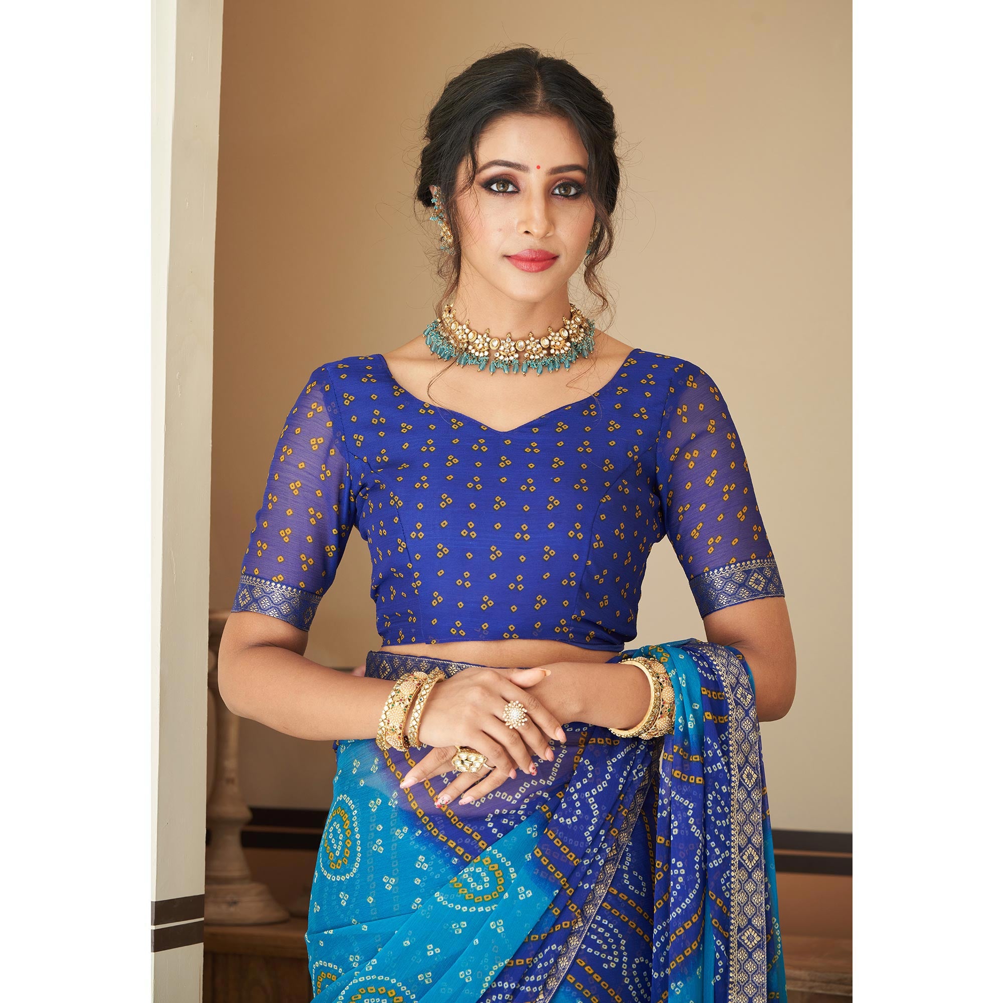 Blue Bandhani Printed Chiffon Saree With Lace Border