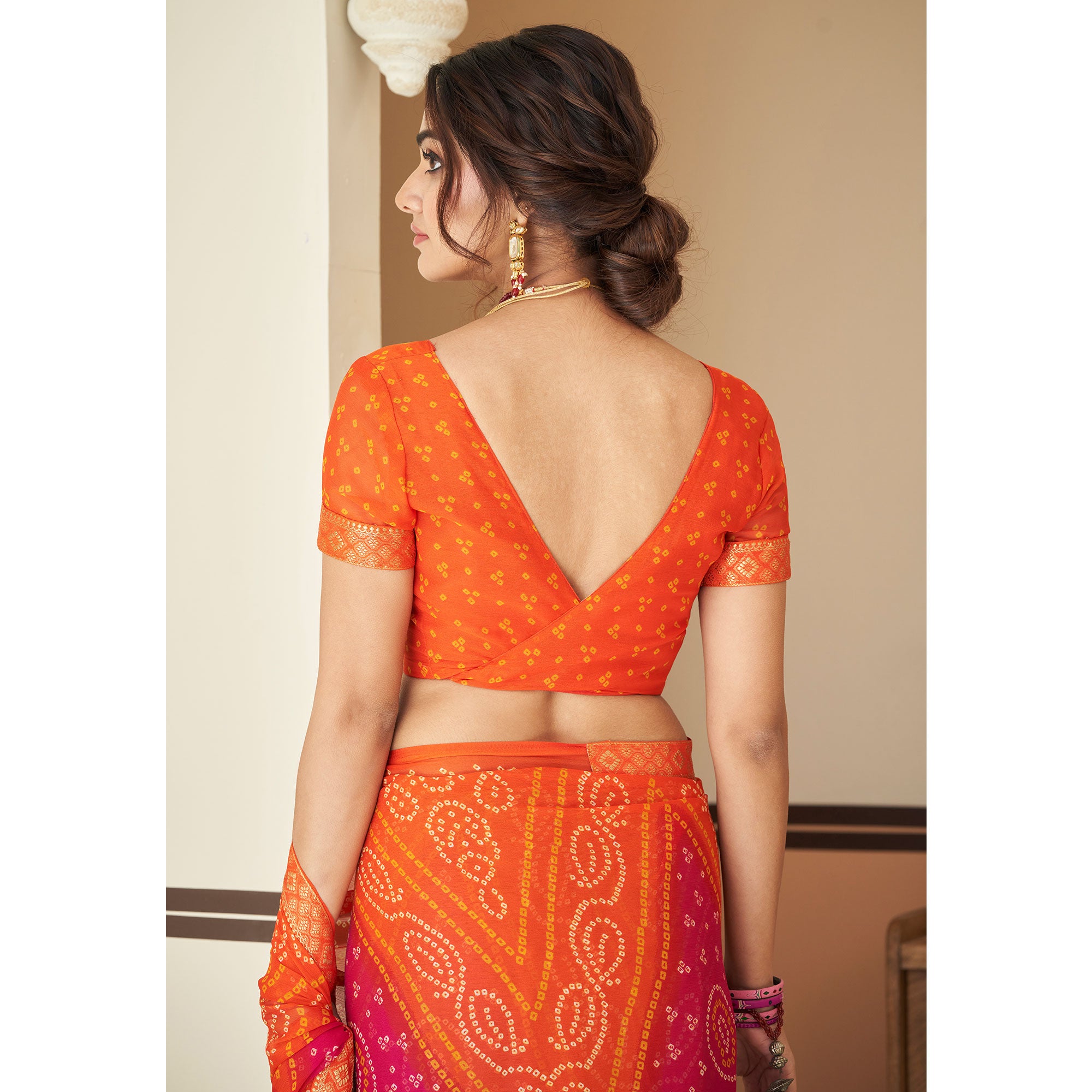 Orange & Magenta Bandhani Printed Chiffon Saree With Lace Border