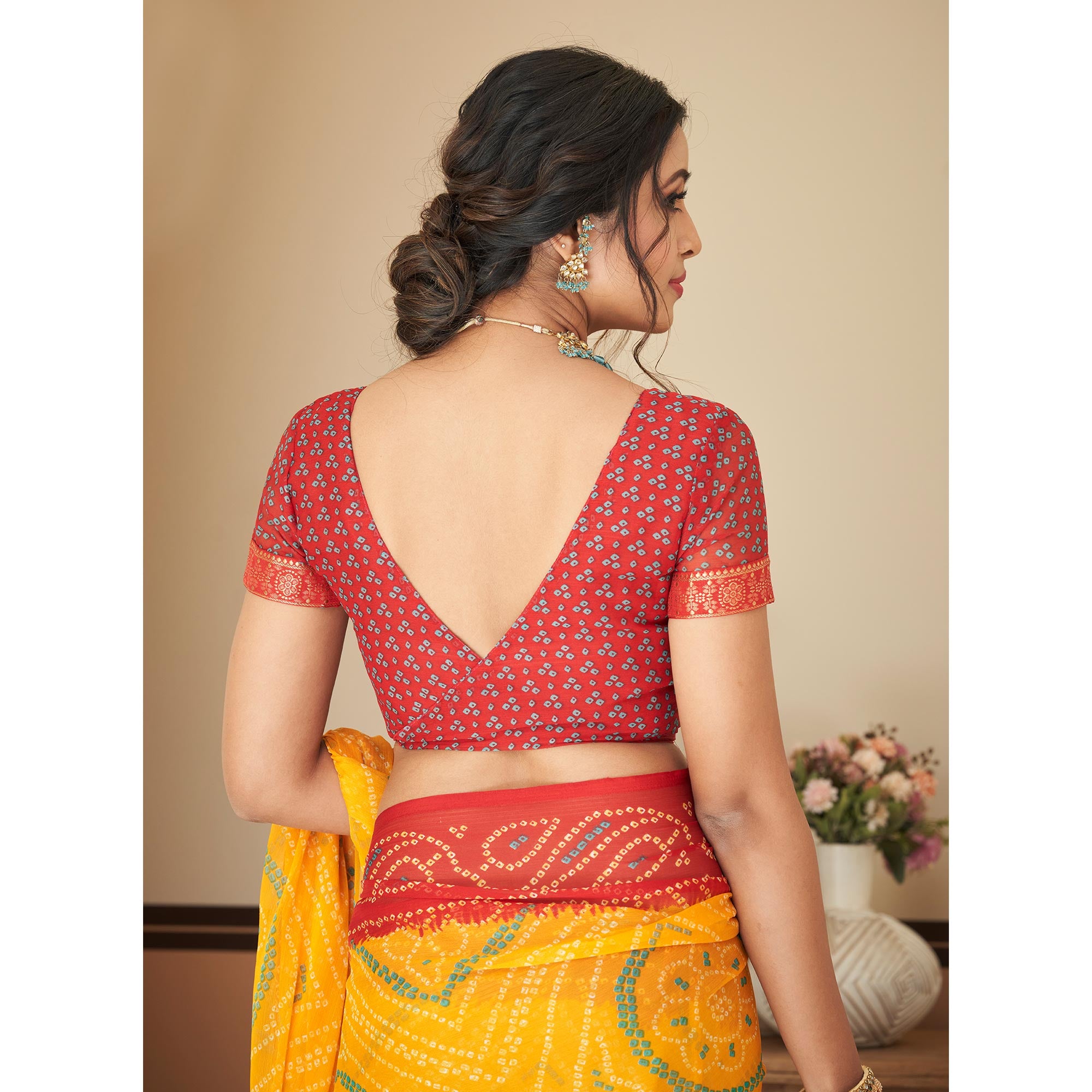 Yellow & Maroon Bandhani Printed Chiffon Saree With Lace Border