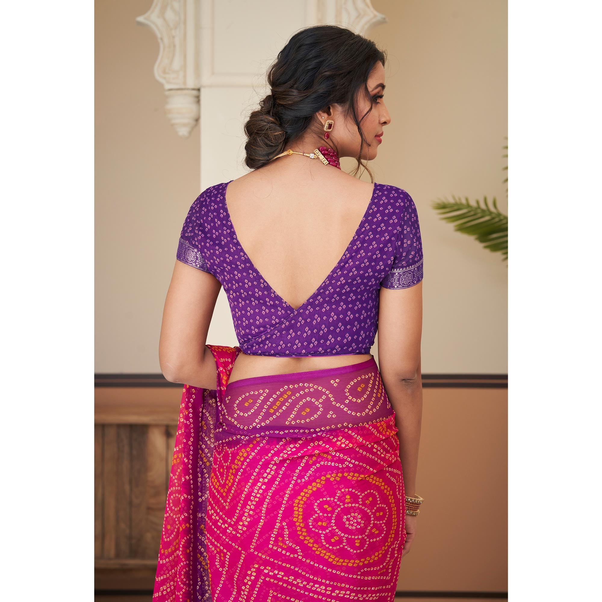 Magenta & Purple Bandhani Printed Chiffon Saree With Lace Border