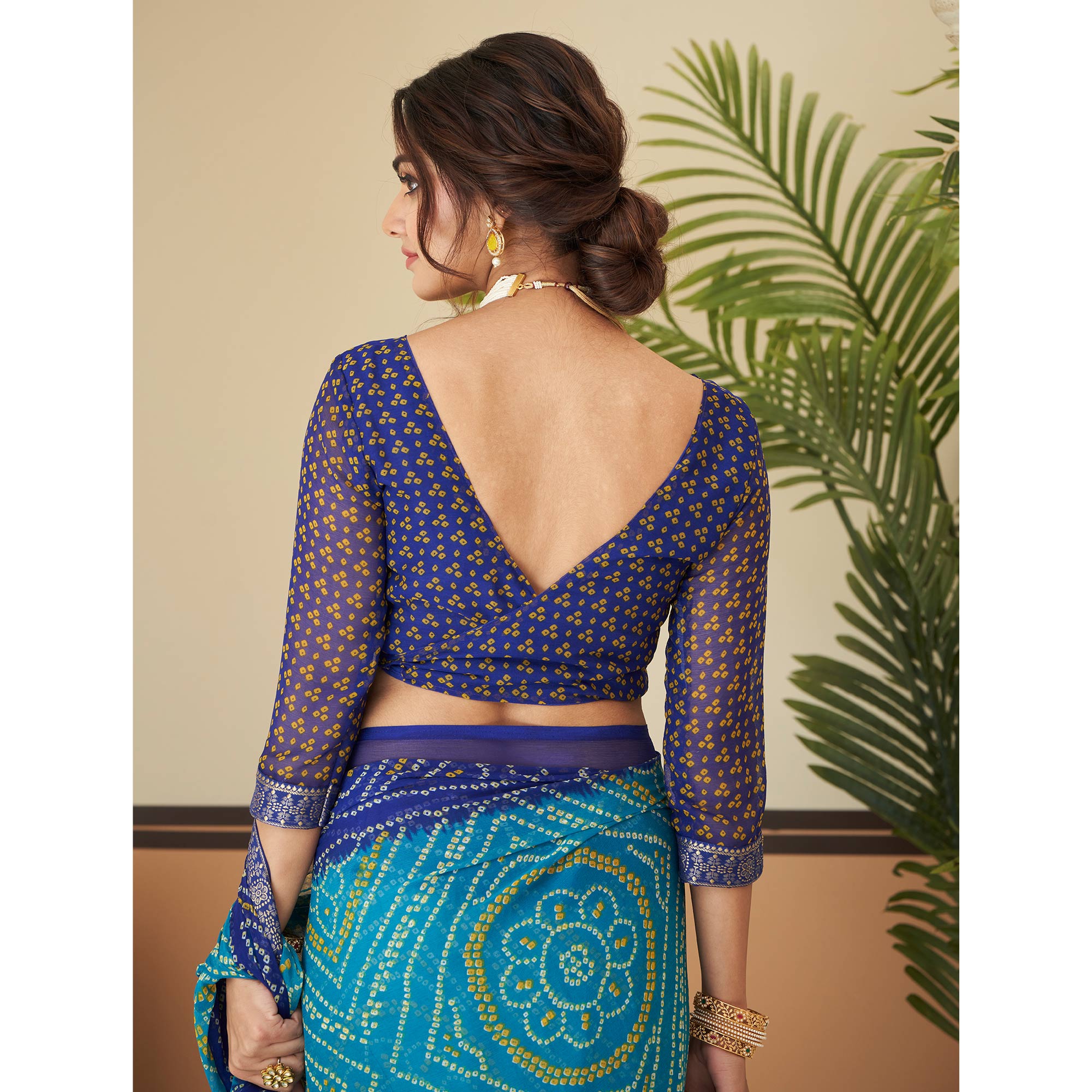 Teal & Blue Bandhani Printed Chiffon Saree With Lace Border