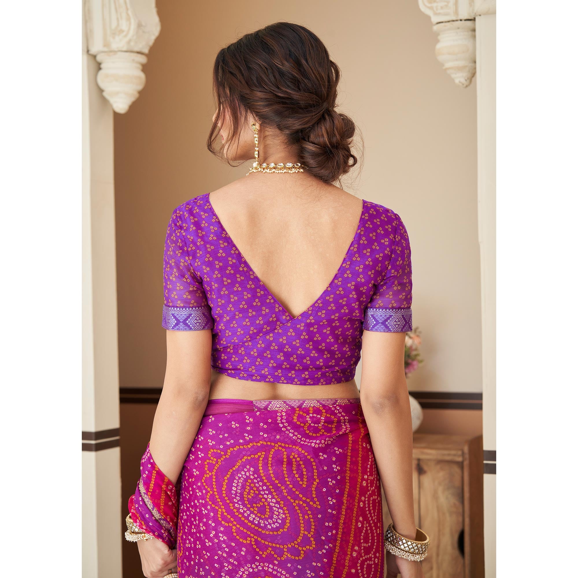 Purple Bandhani Printed Chiffon Saree With Lace Border