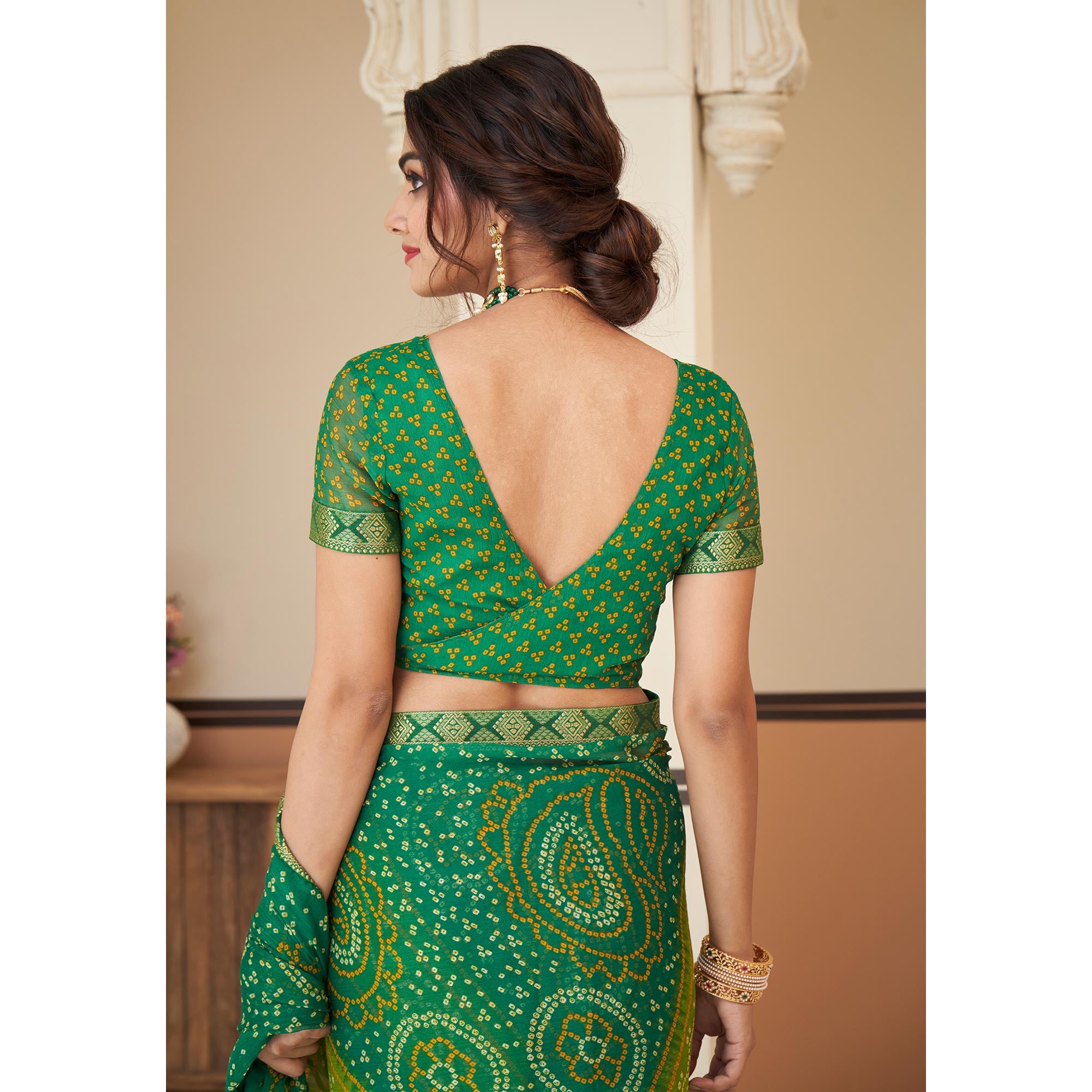 Green Bandhani Printed Chiffon Saree With Lace Border