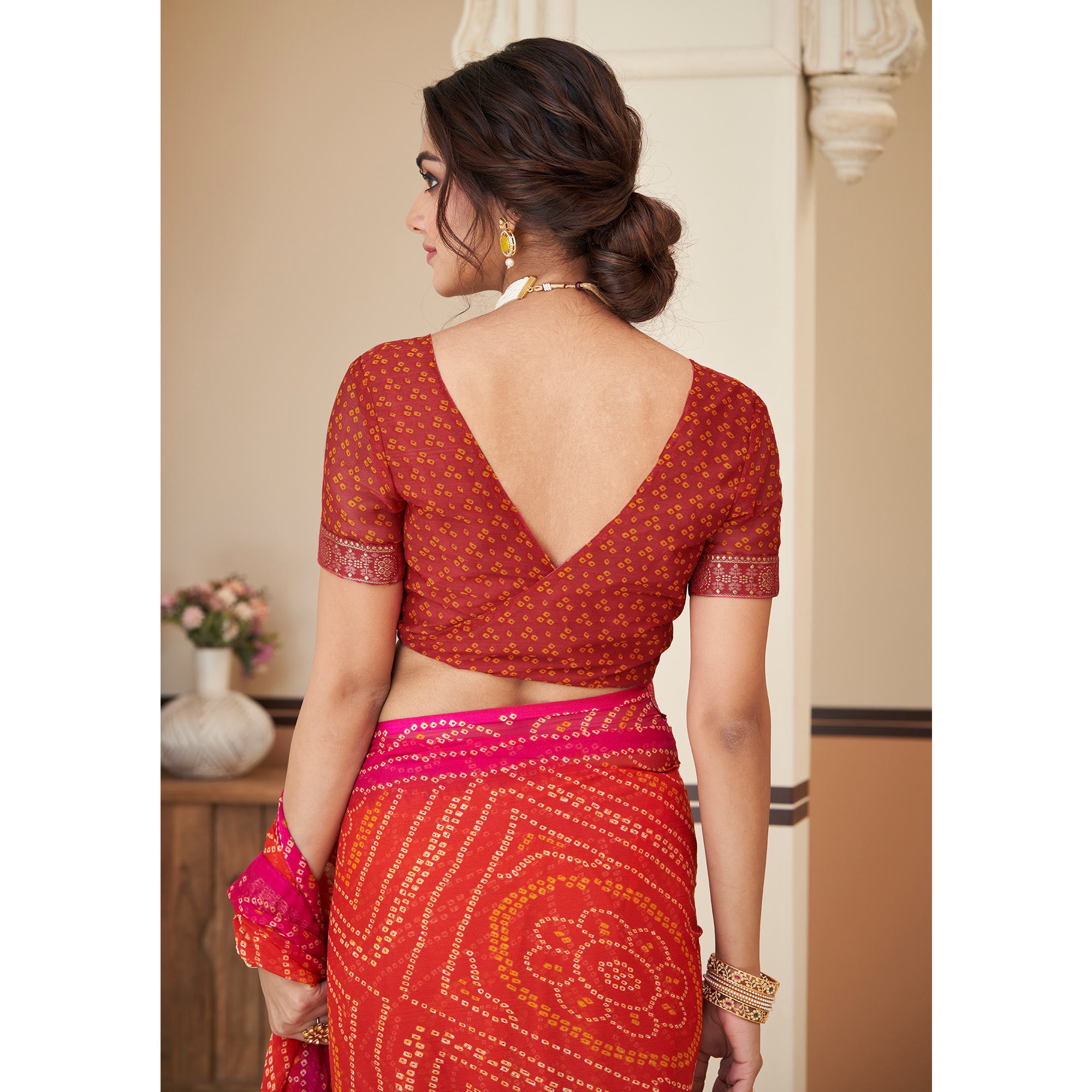 Red & Yellow Bandhani Printed Chiffon Saree With Lace Border