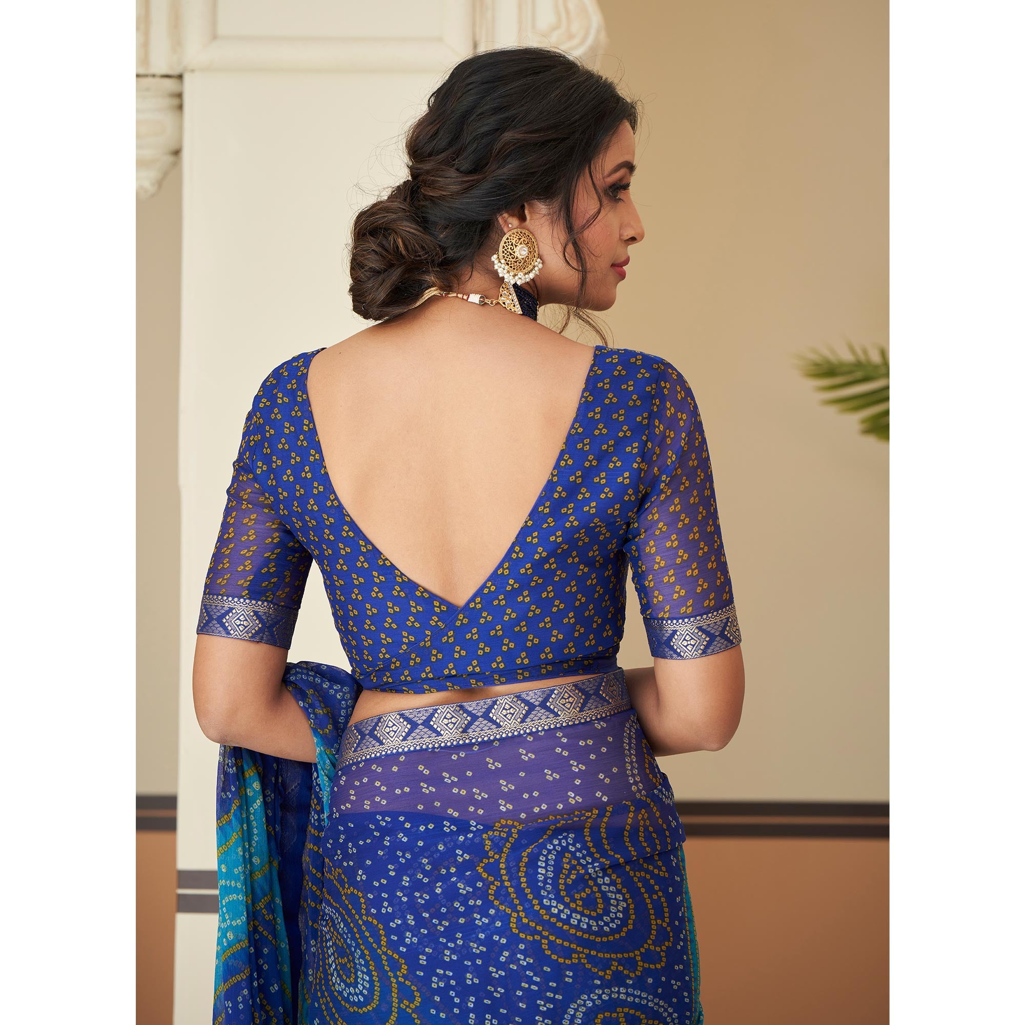 Blue Bandhani Printed Chiffon Saree With Lace Border