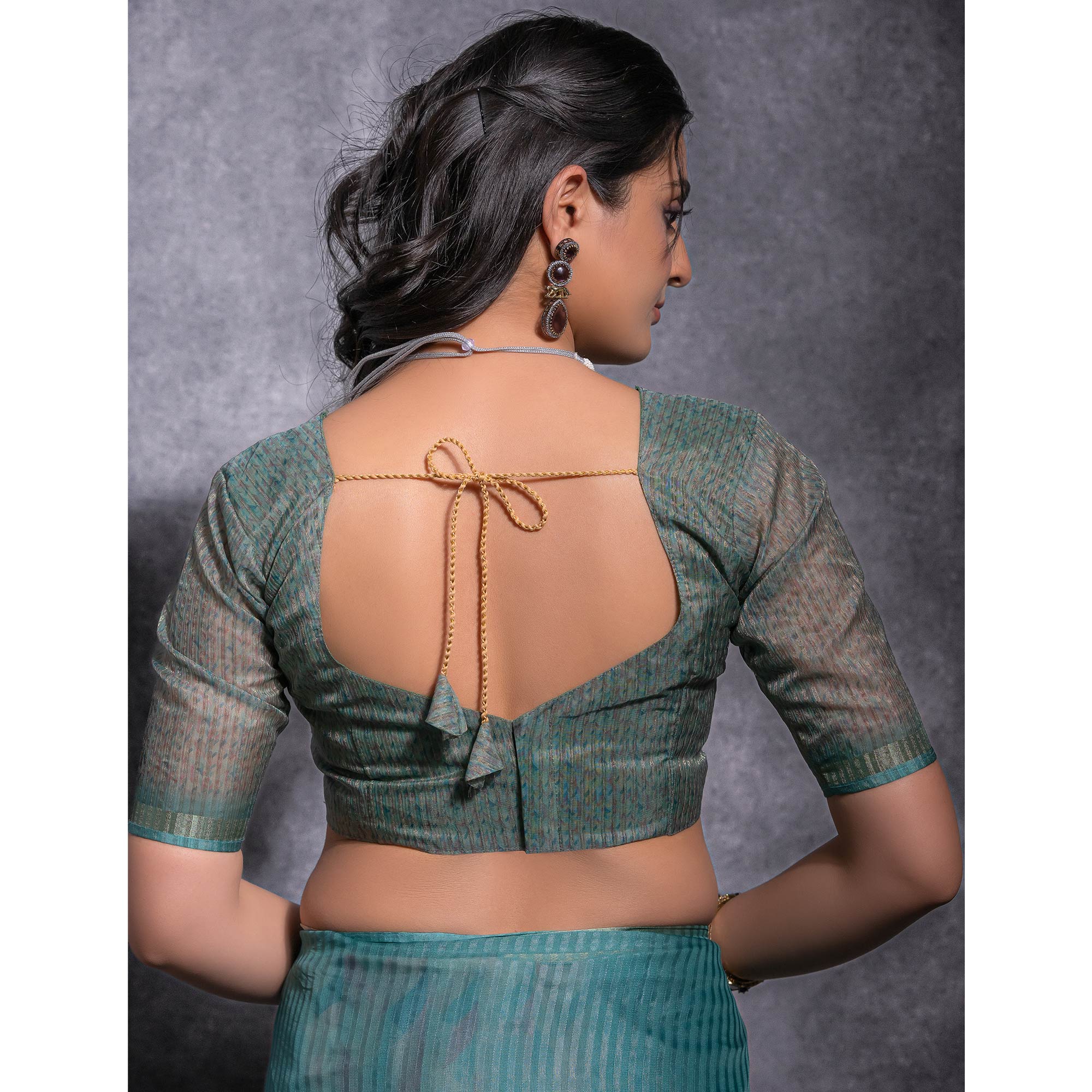 Rama Green Digital Printed Linen Saree With Woven Border