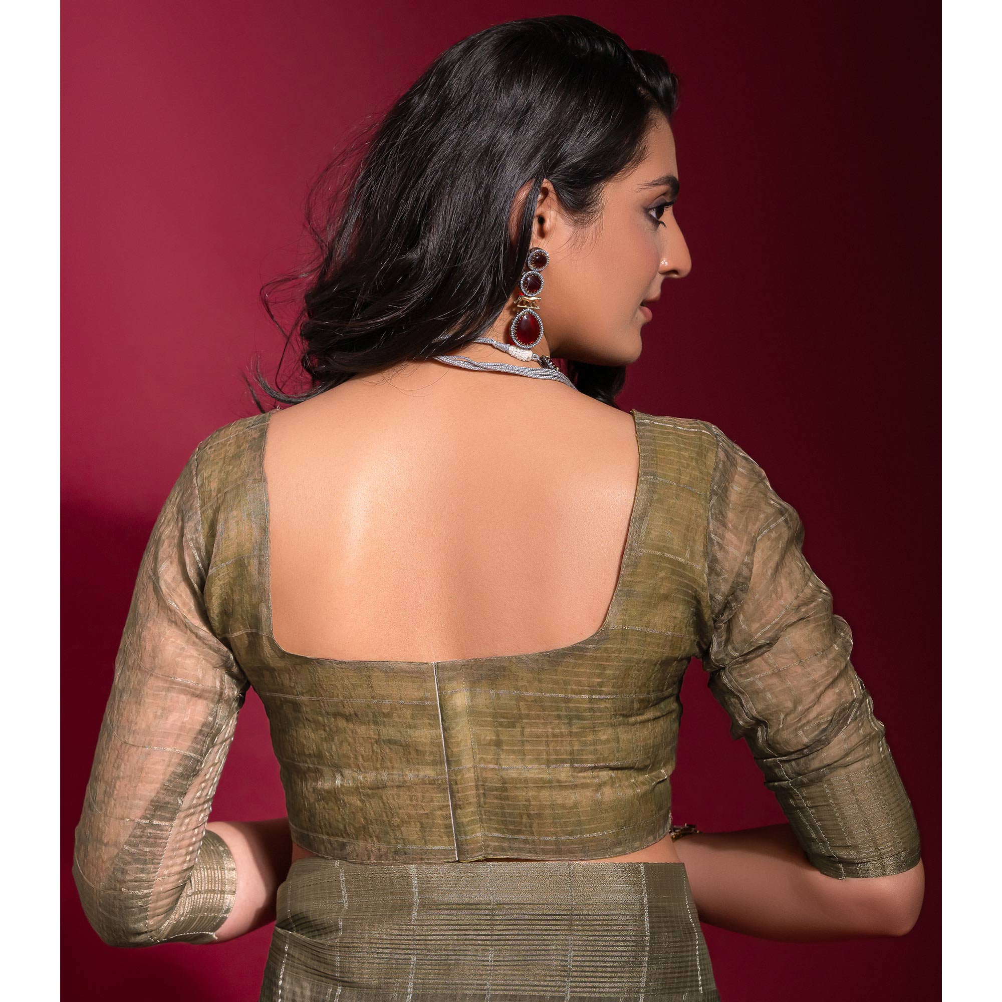 Olive Digital Printed With Zari Work Linen Saree