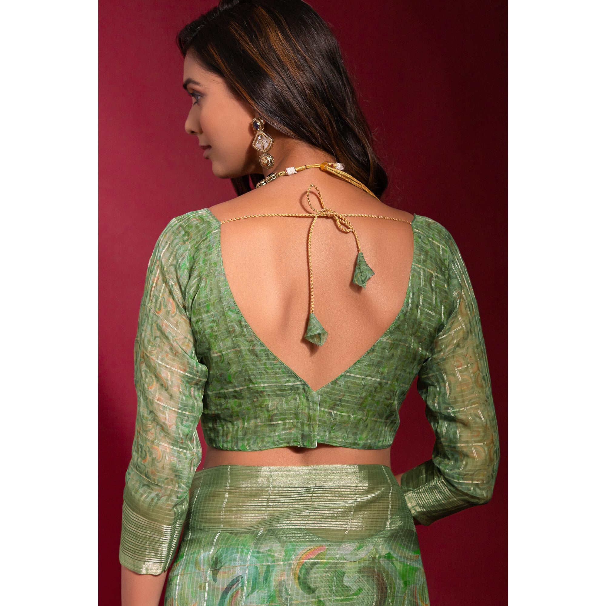 Green Digital Printed With Zari Work Linen Saree