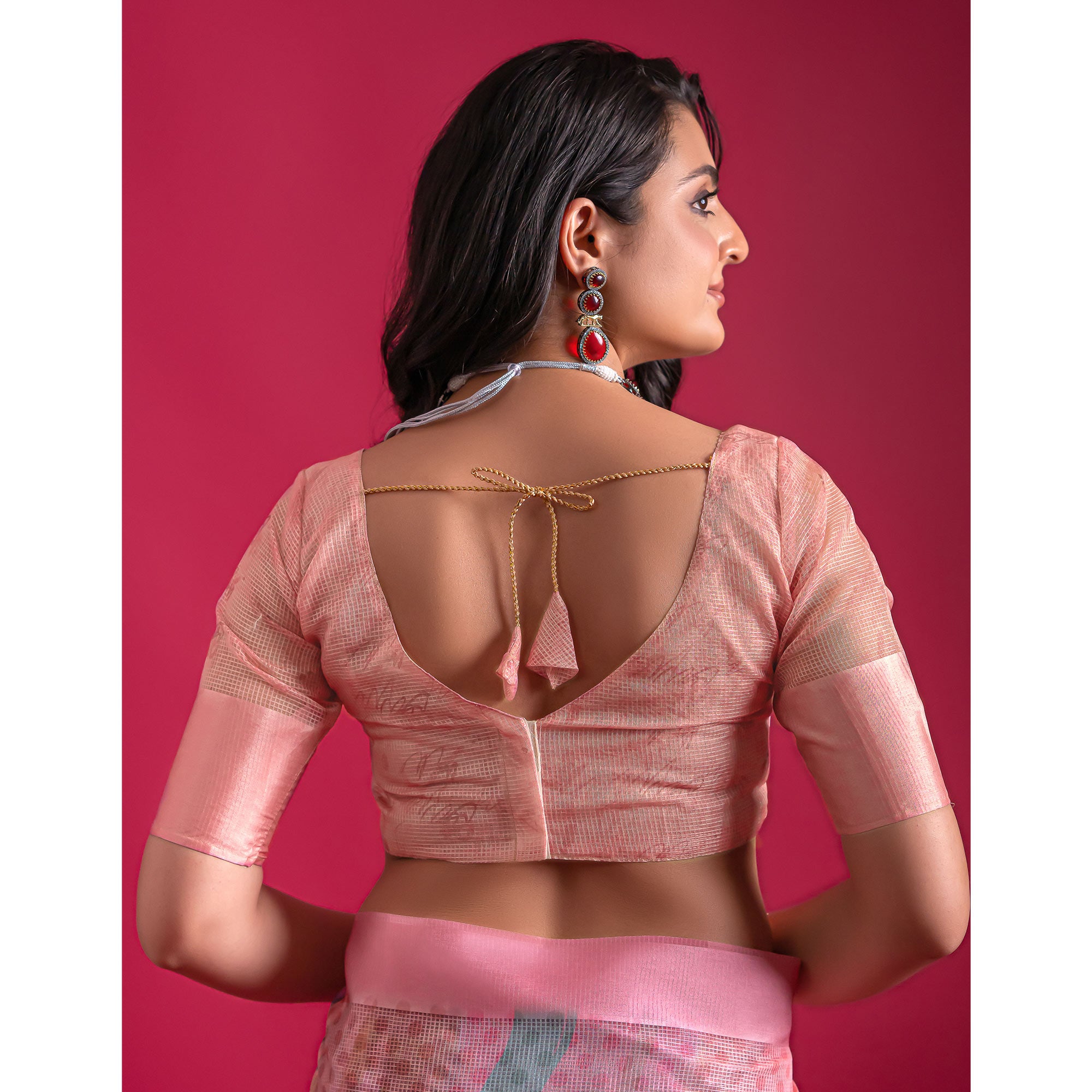 Pink Floral Digital Printed Linen Saree With Woven Border