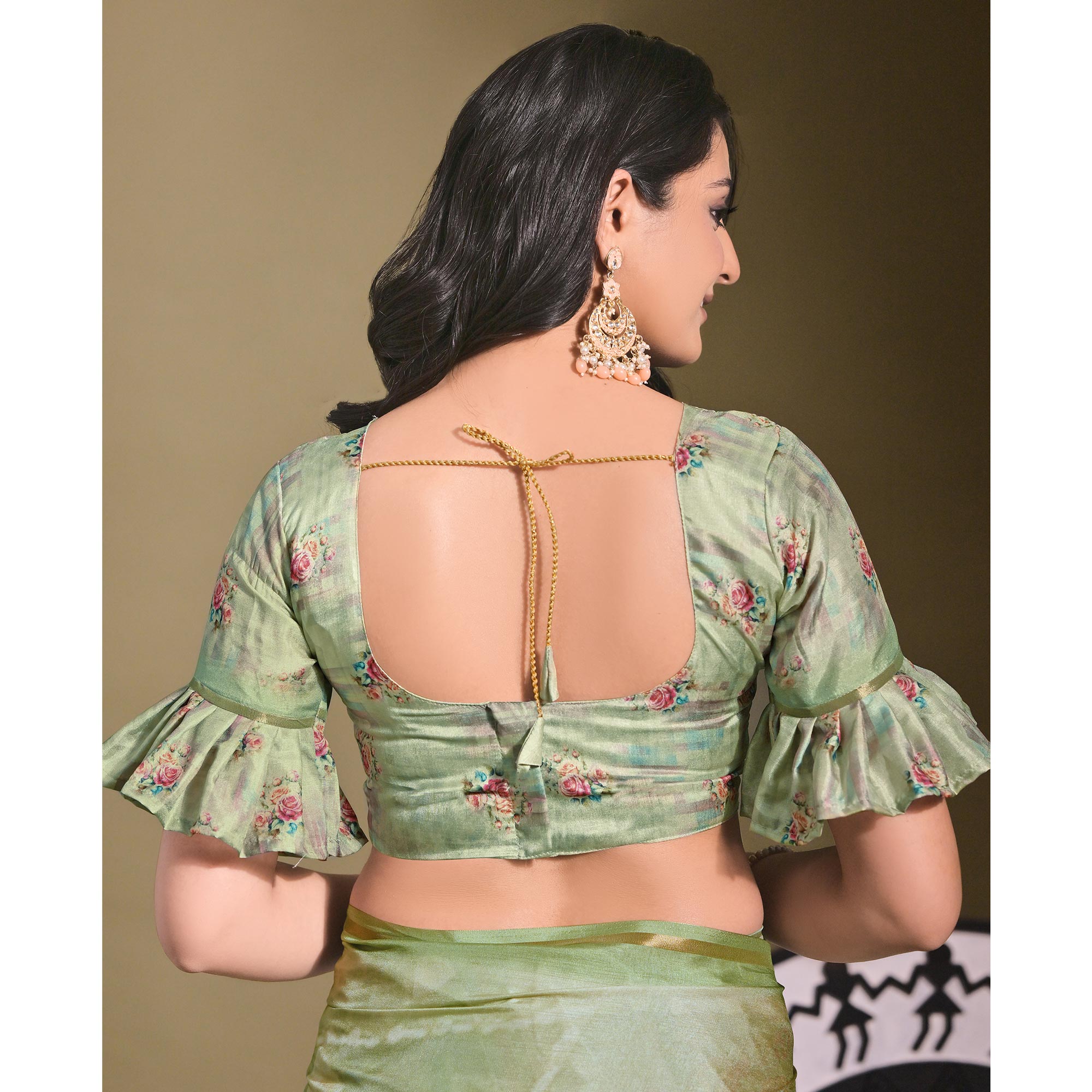 Green Floral Digital Printed Tussar Silk Saree