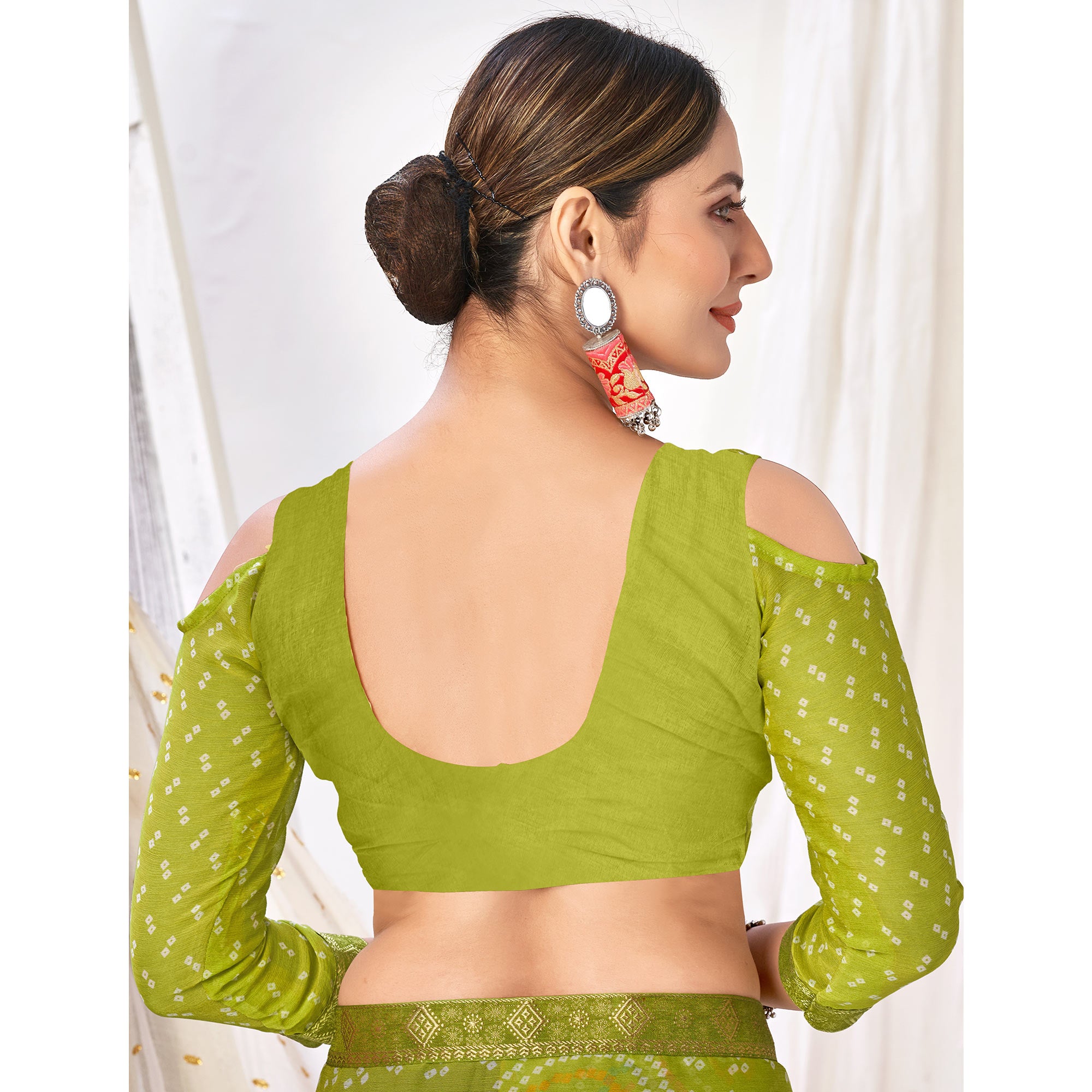 Olive Green Bandhani Printed Chiffon Saree