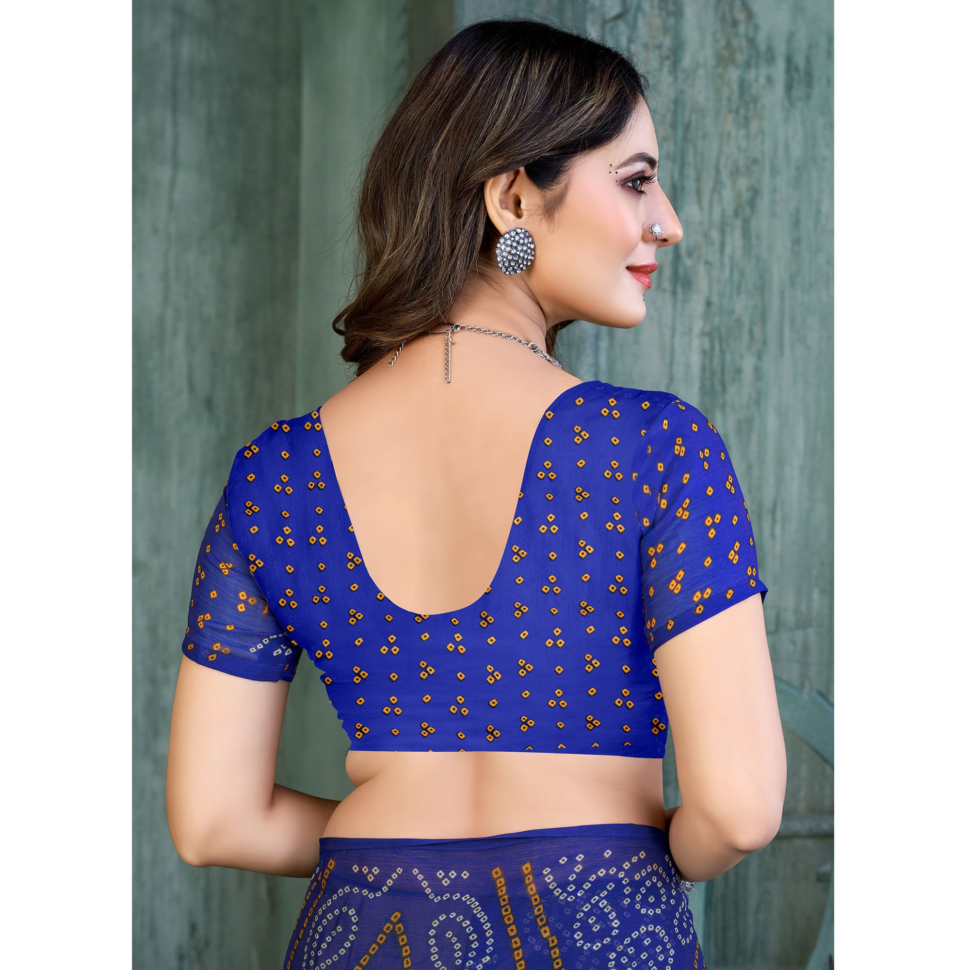 Blue & Teal Bandhani Printed Chiffon Saree