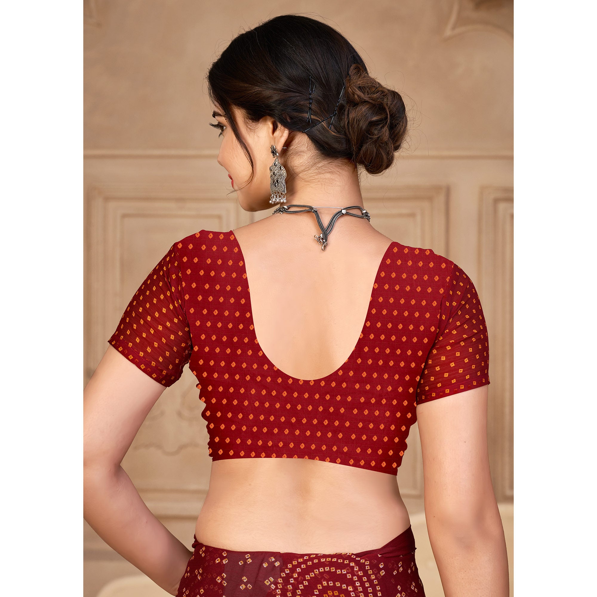 Maroon Bandhani Printed Chiffon Saree