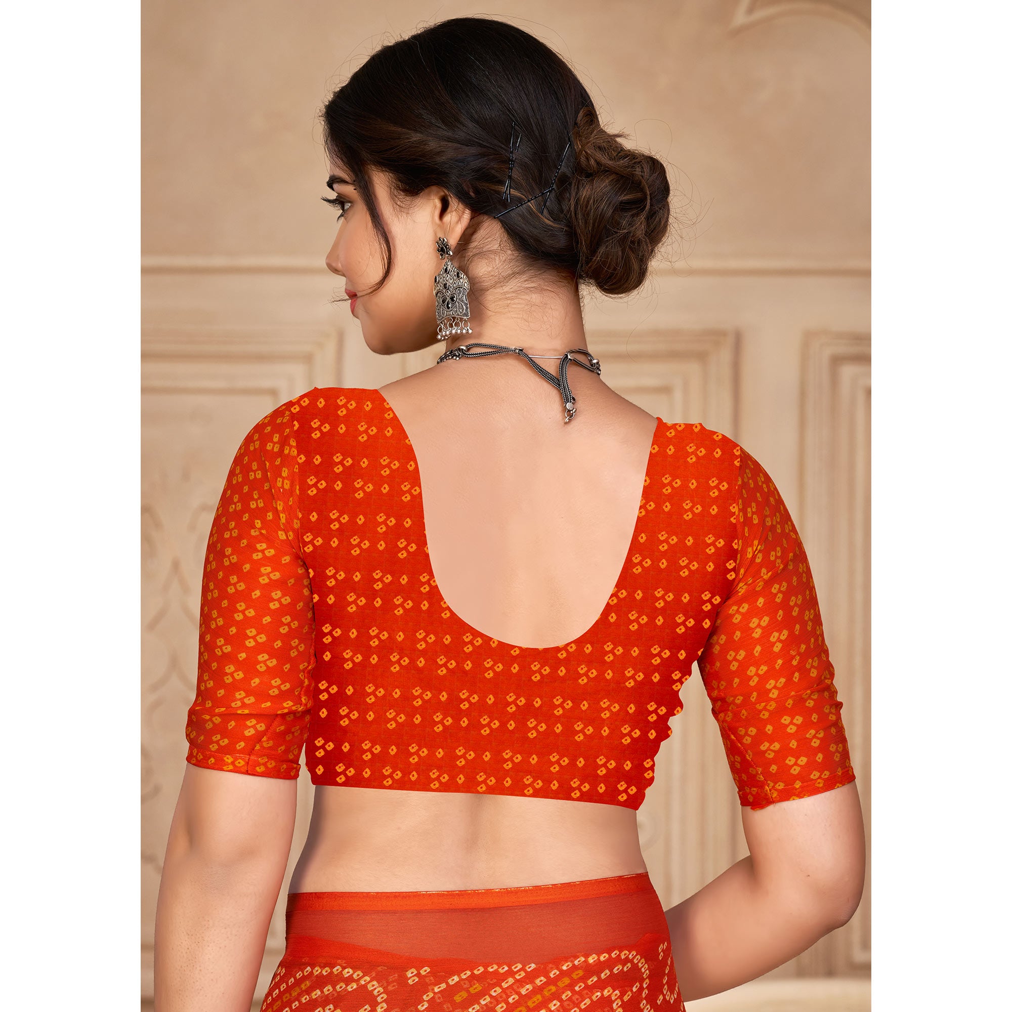 Orange Bandhani Printed Chiffon Saree