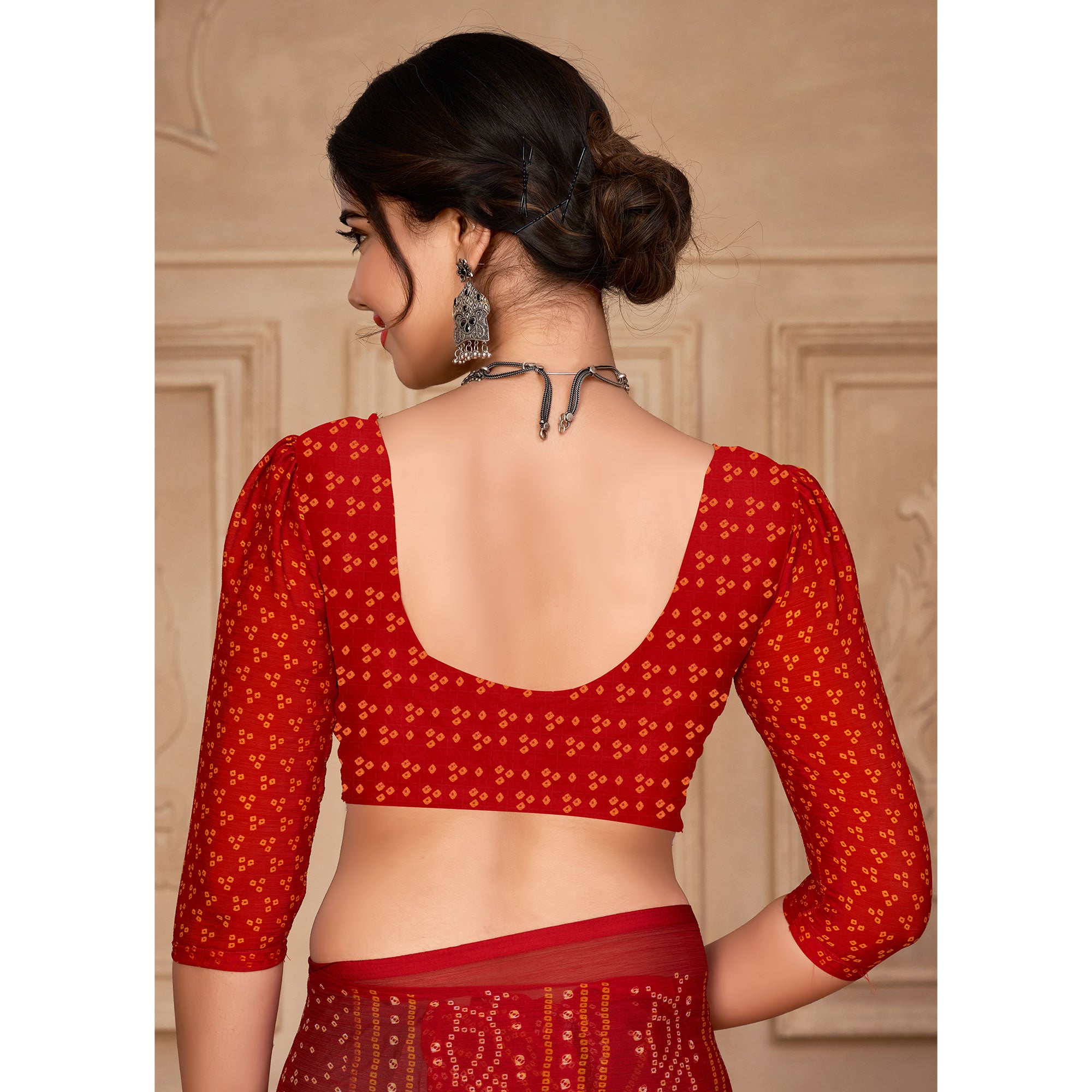 Red Bandhani Printed Chiffon Saree